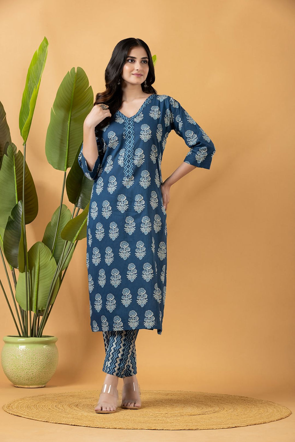 Teal Blue Floral Print Kurta With Pant