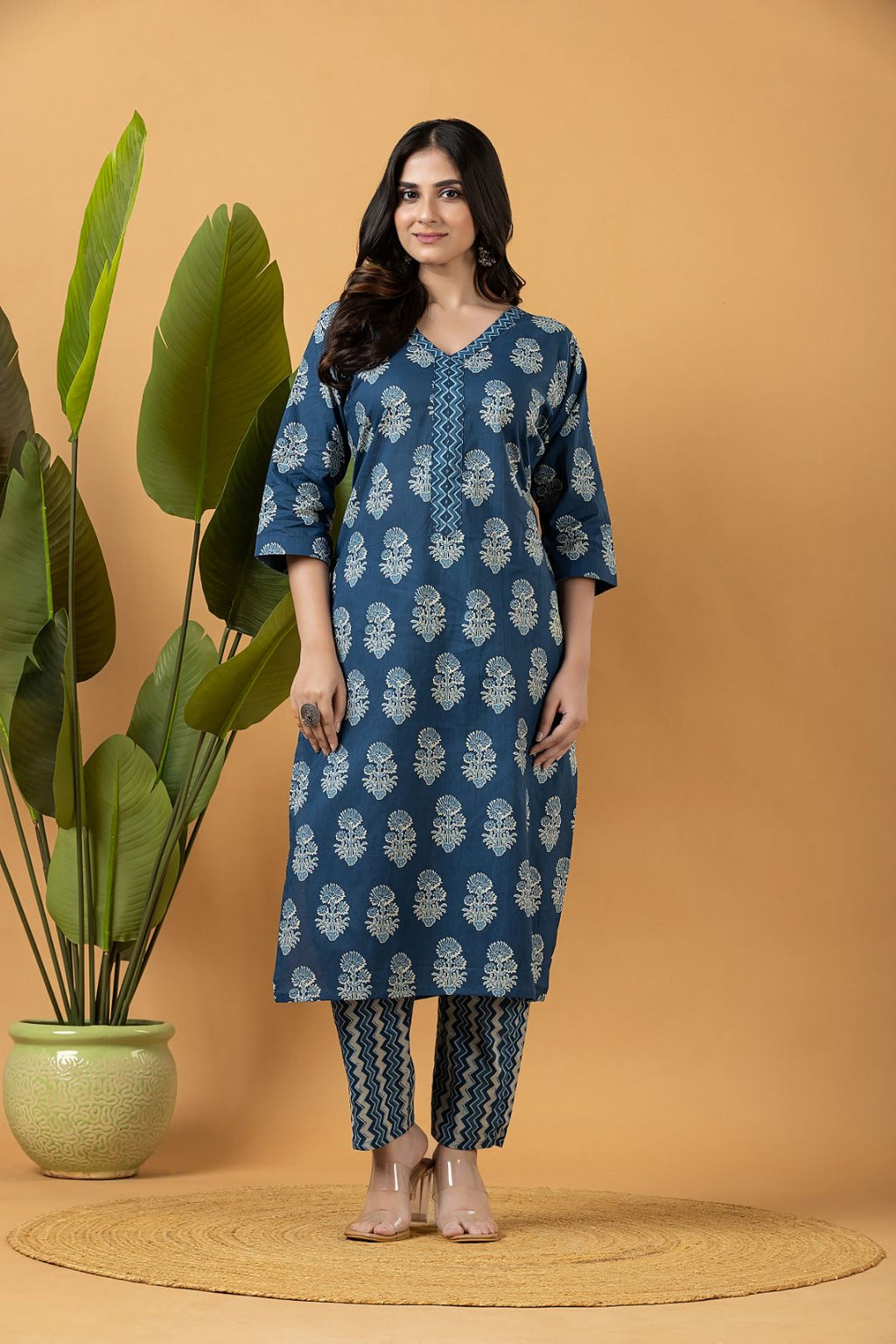 Teal Blue Floral Print Kurta With Pant