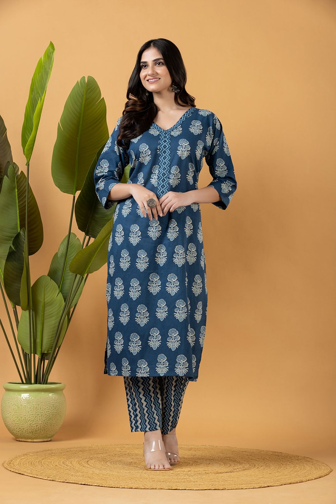 Teal Blue Floral Print Kurta With Pant