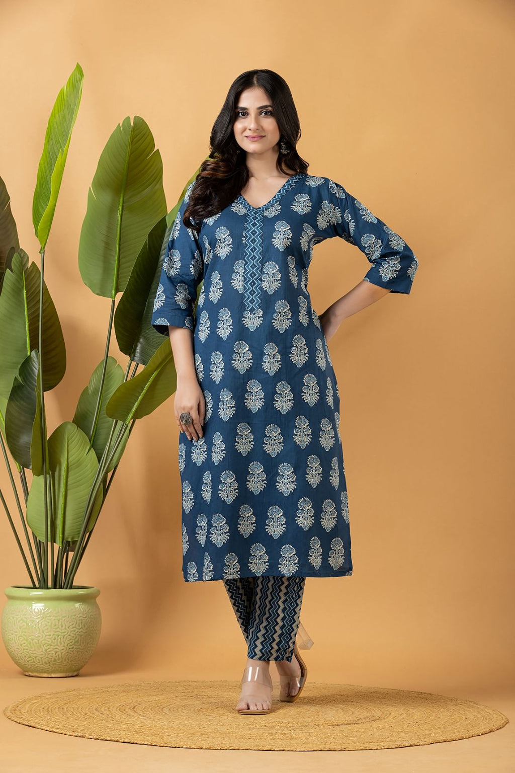 Teal Blue Floral Print Kurta With Pant