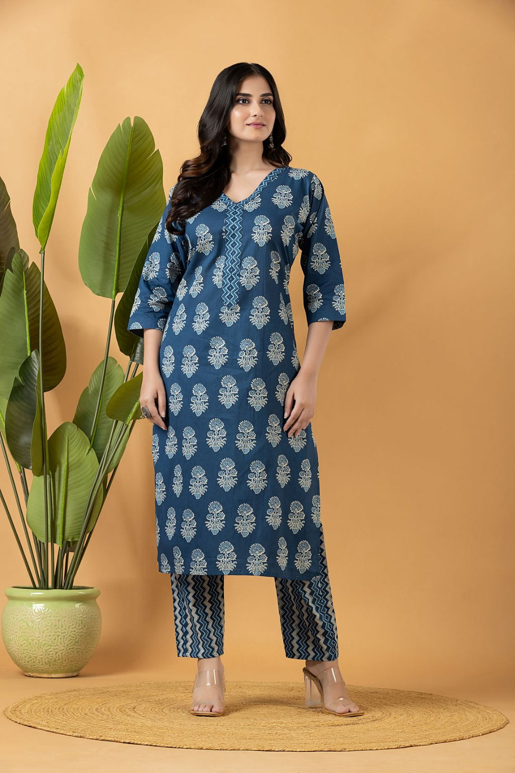 Teal Blue Floral Print Kurta With Pant