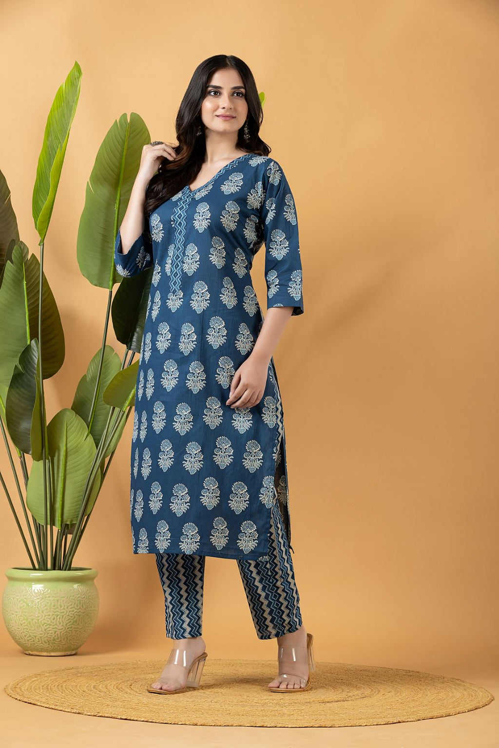 Teal Blue Floral Print Kurta With Pant