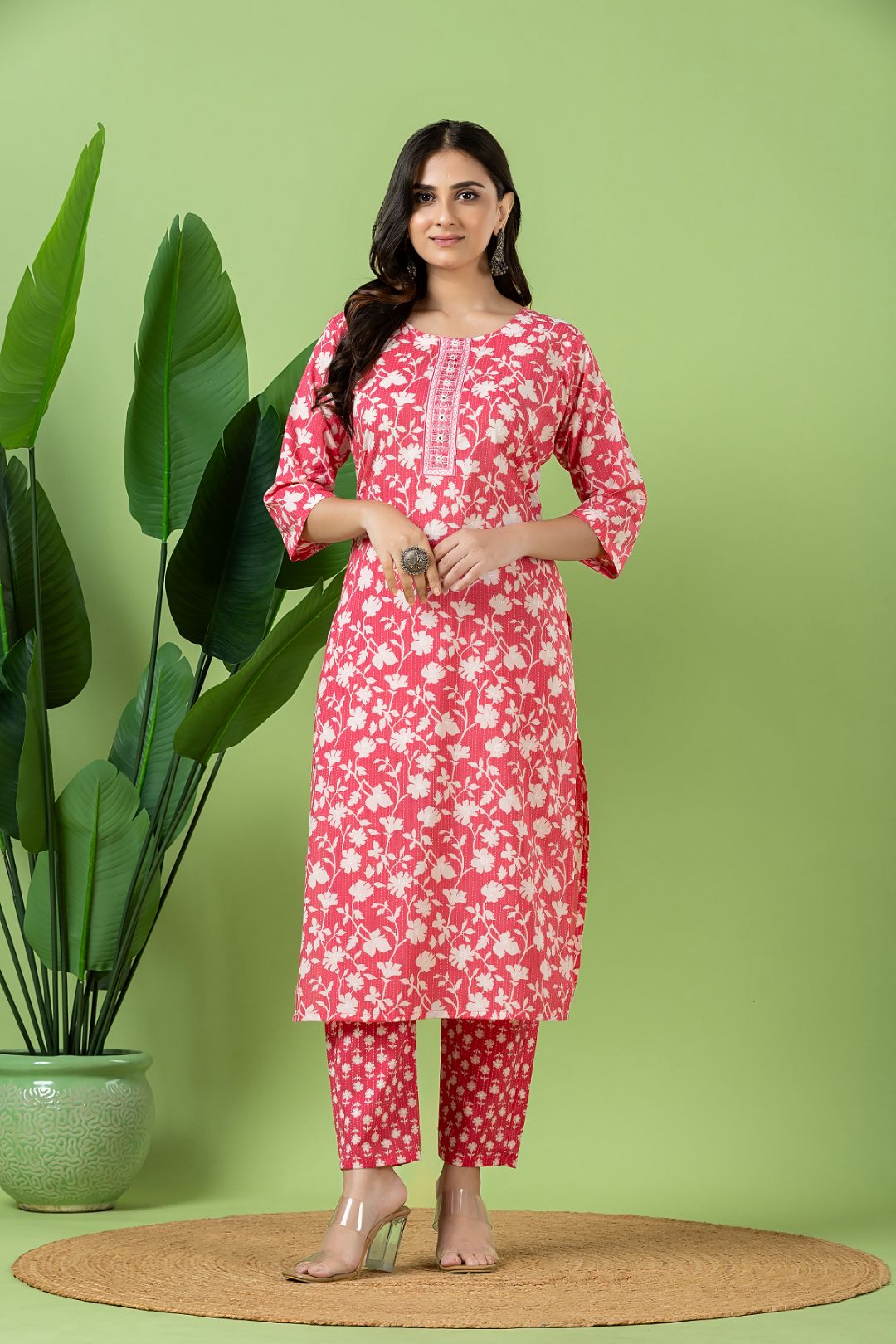 Magenta Pink Embroidered Kurta With Pant