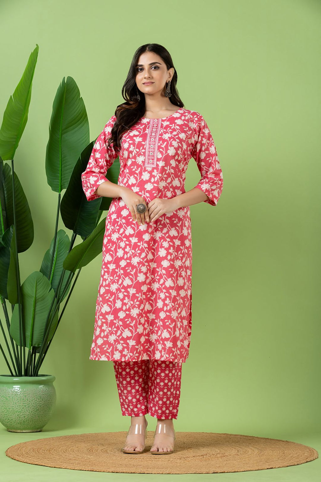 Magenta Pink Embroidered Kurta With Pant