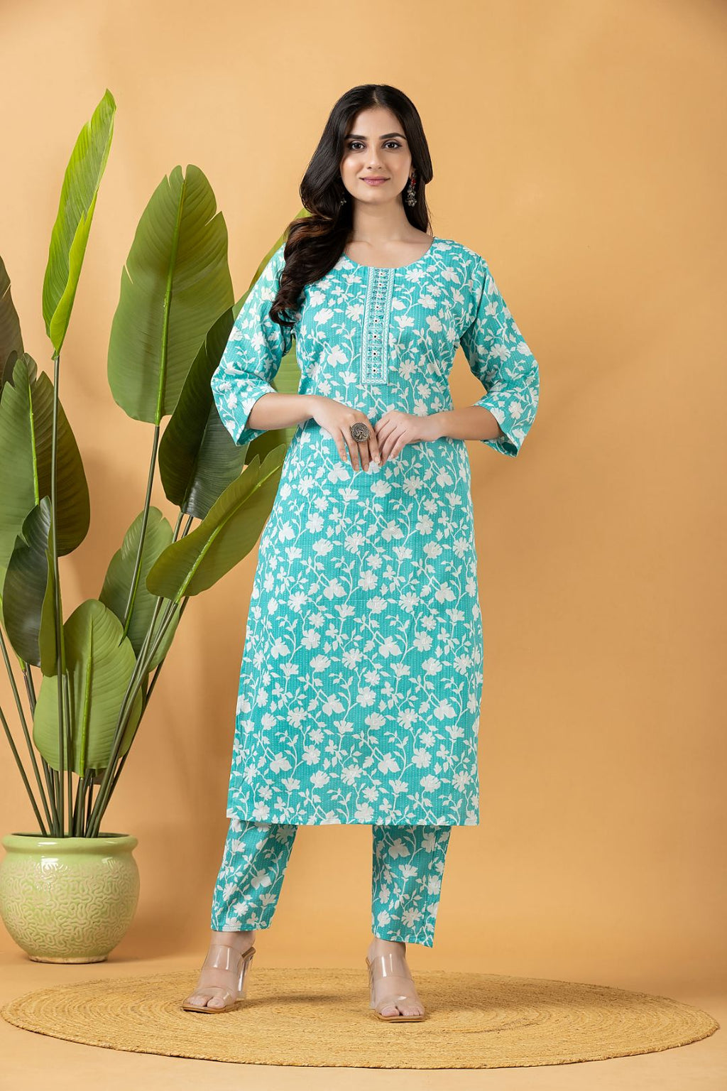 Aqua Blue Embroidered Kurta With Pant