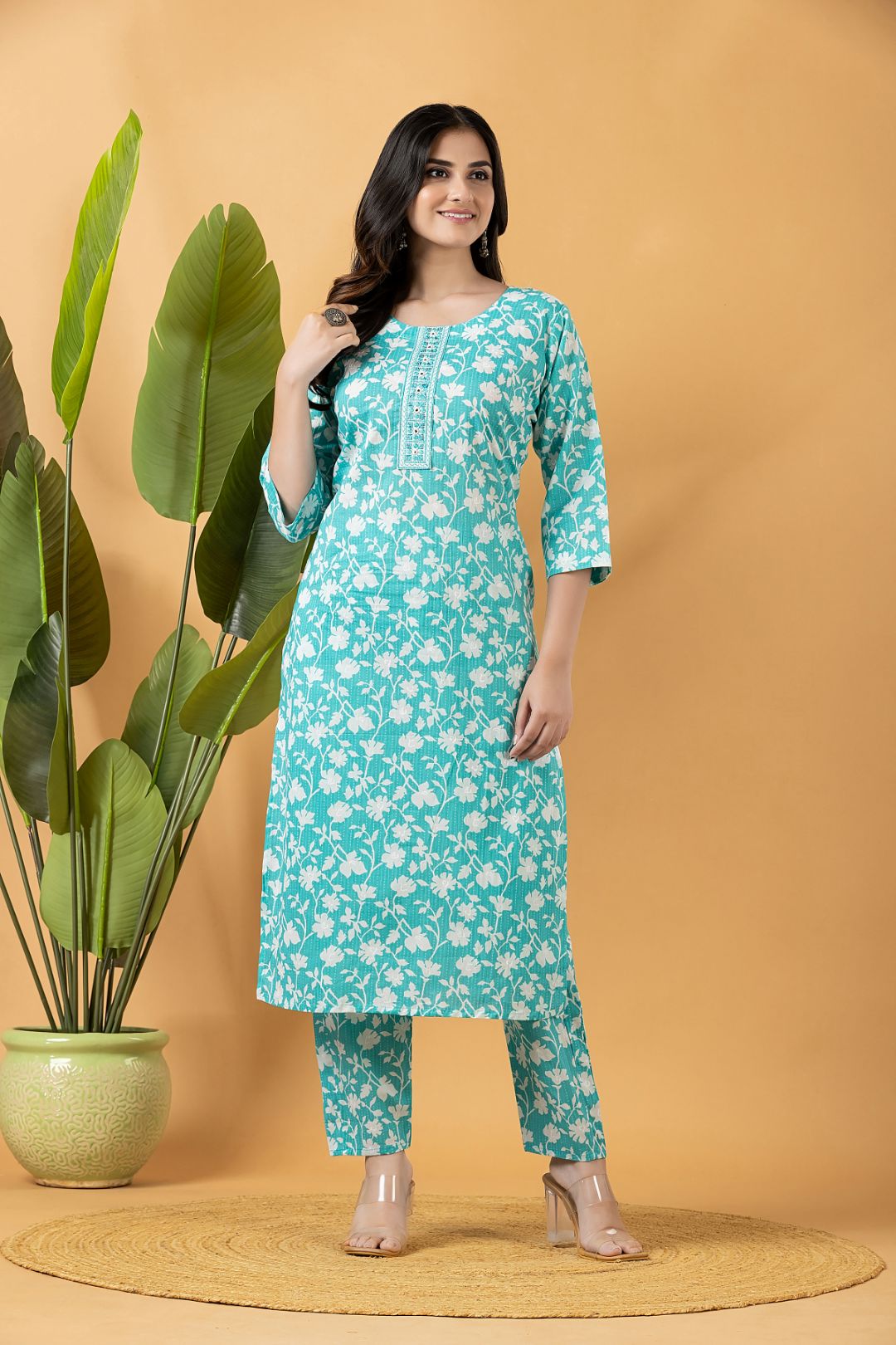 Aqua Blue Embroidered Kurta With Pant