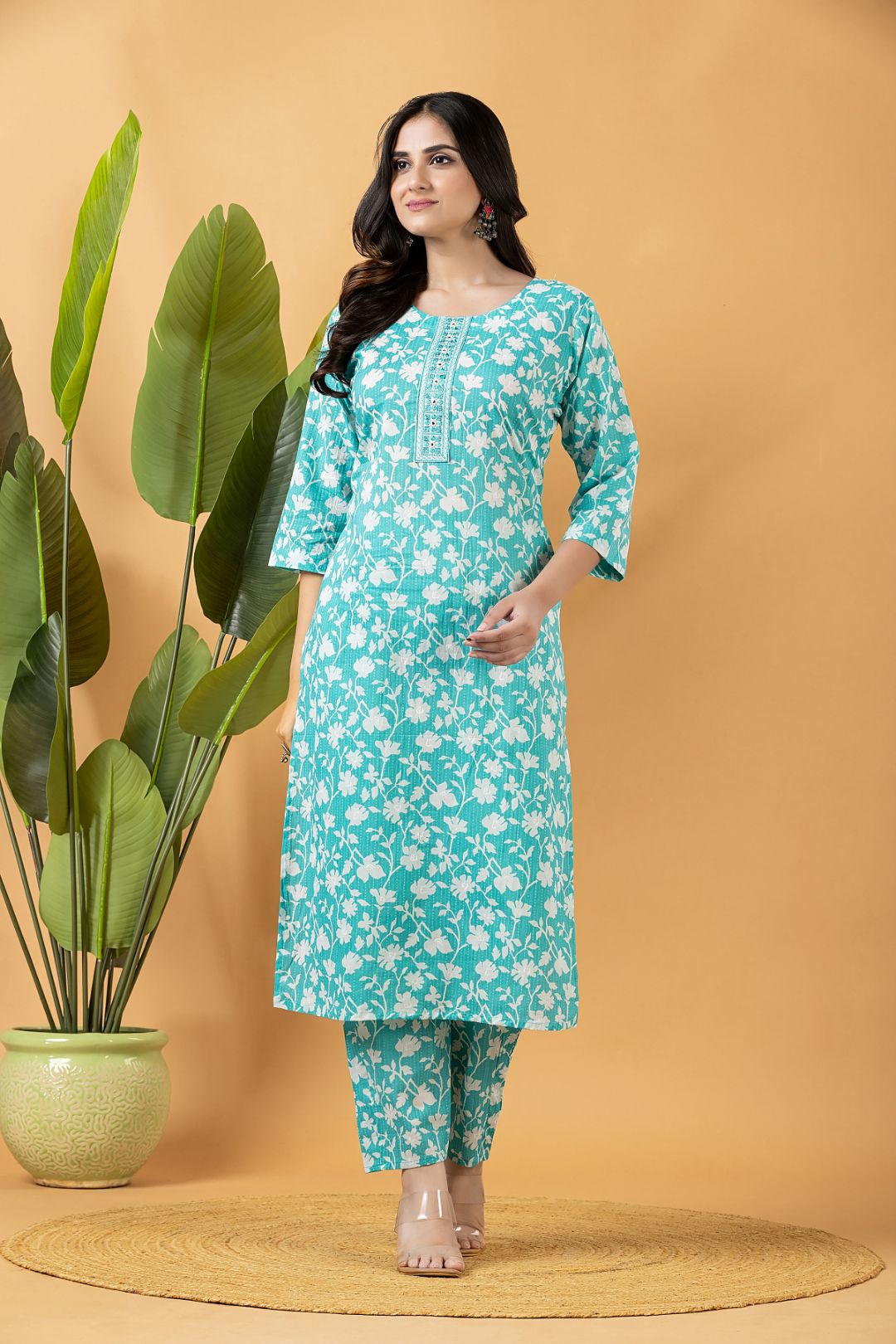 Aqua Blue Embroidered Kurta With Pant