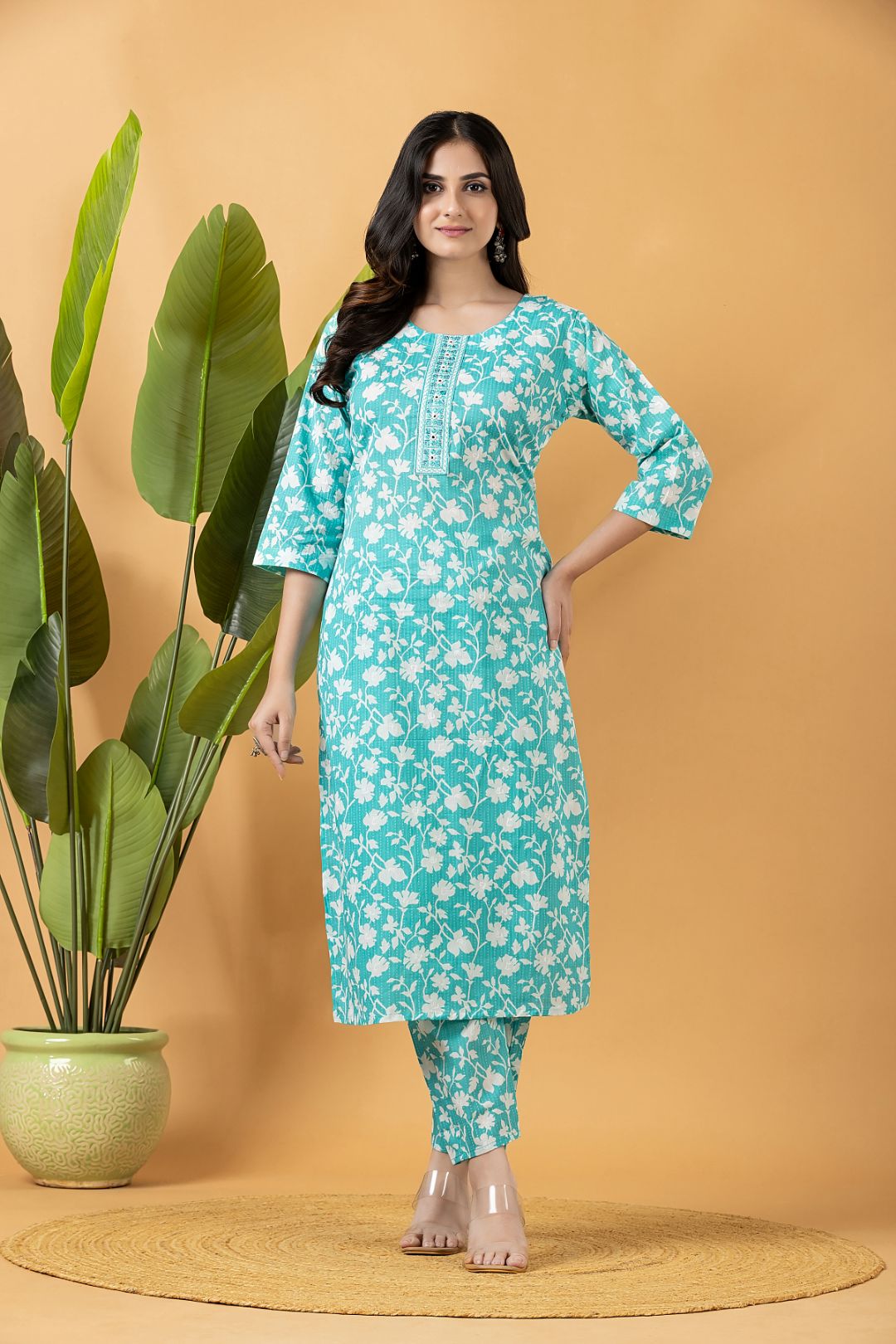 Aqua Blue Embroidered Kurta With Pant