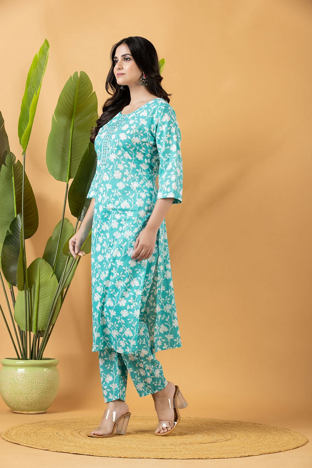 Aqua Blue Embroidered Kurta With Pant