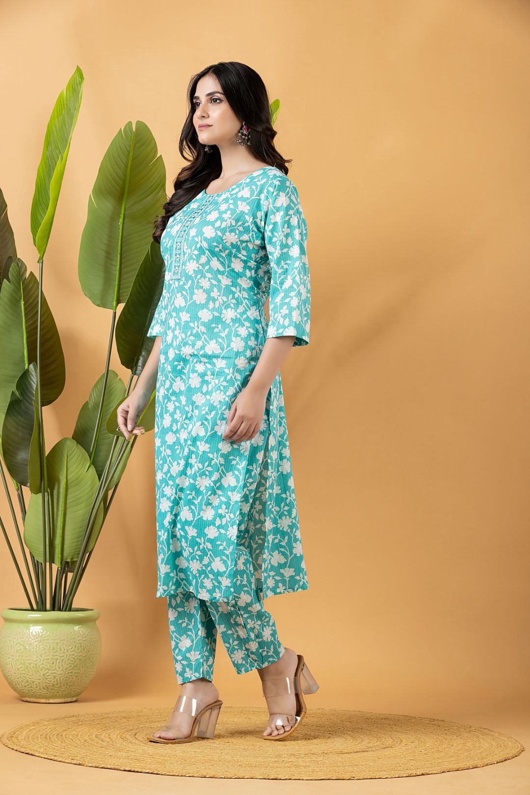Aqua Blue Embroidered Kurta With Pant