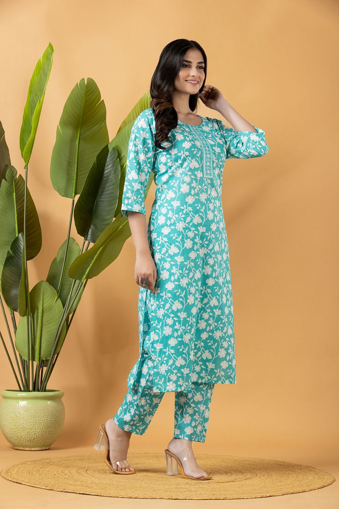 Aqua Blue Embroidered Kurta With Pant