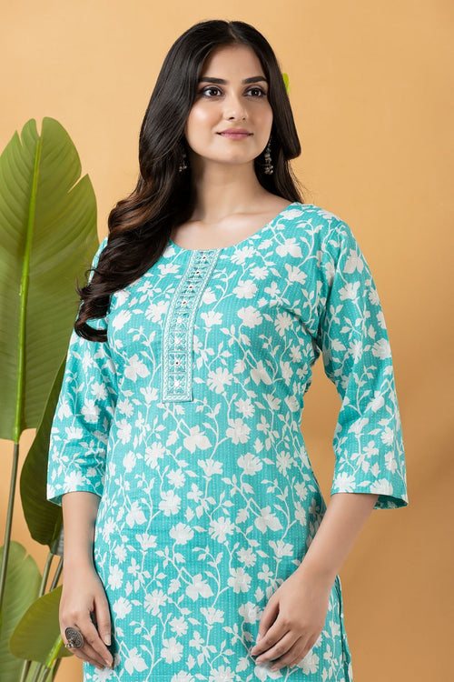 Aqua Blue Embroidered Kurta With Pant
