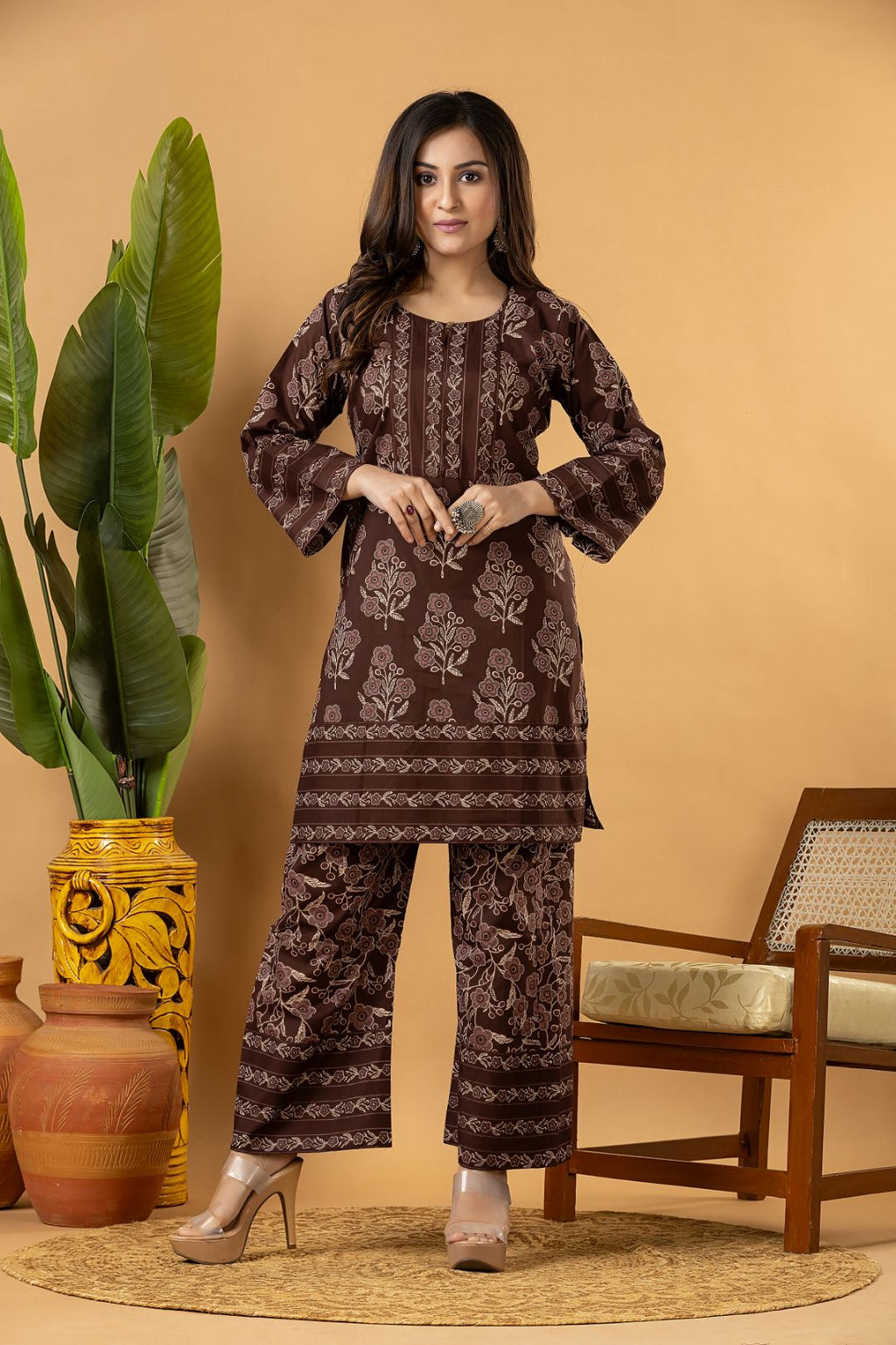 Grey brown Floral Print Co-ord Set