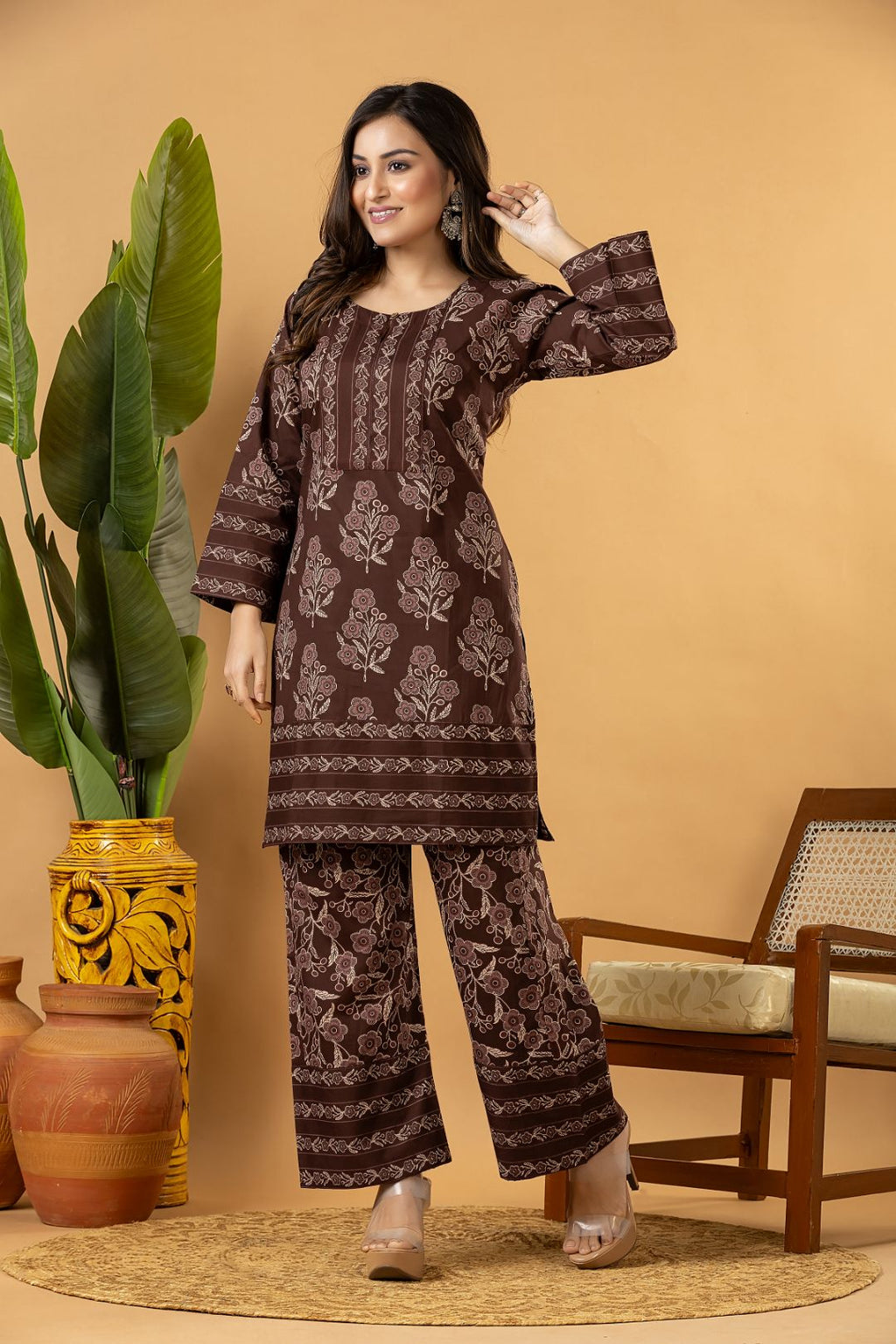 Grey brown Floral Print Co-ord Set