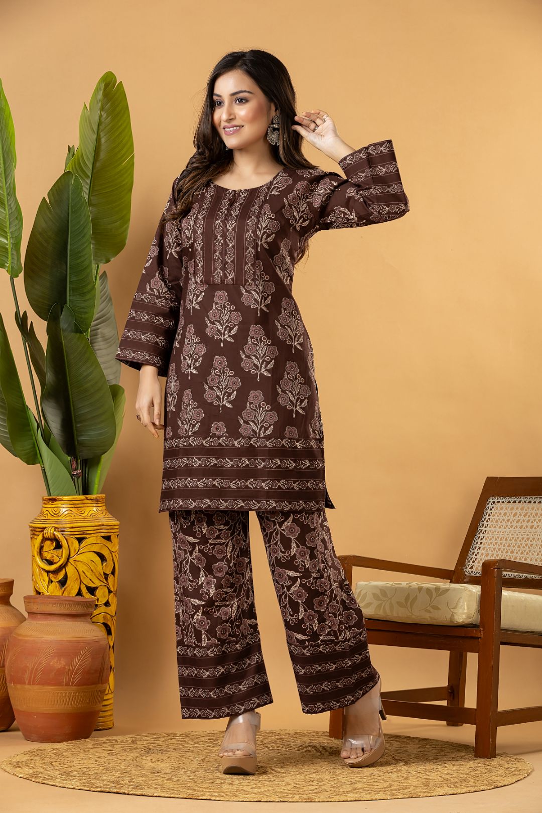 Grey brown Floral Print Co-ord Set