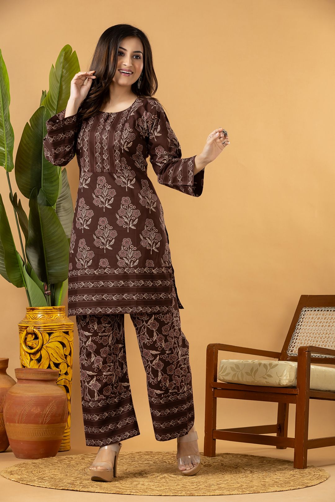 Grey brown Floral Print Co-ord Set