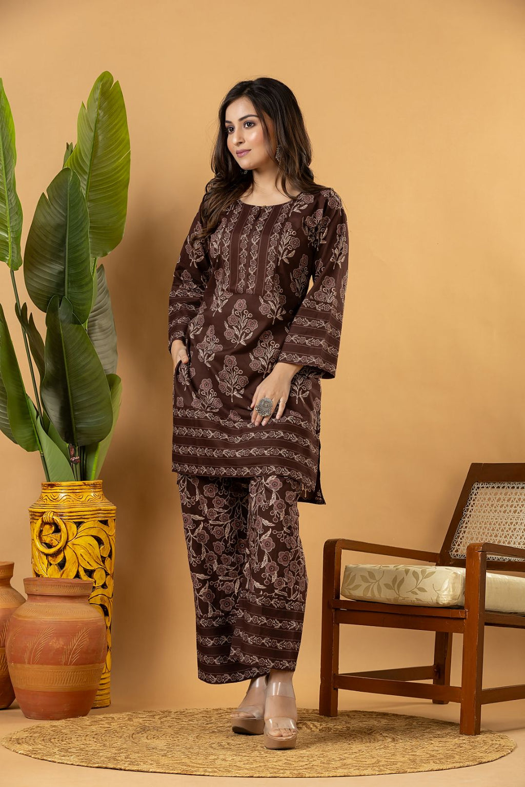Grey brown Floral Print Co-ord Set