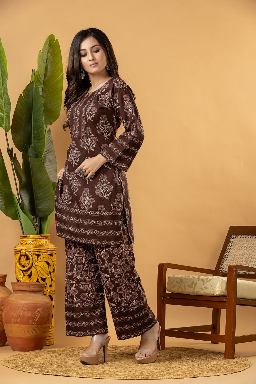 Grey brown Floral Print Co-ord Set