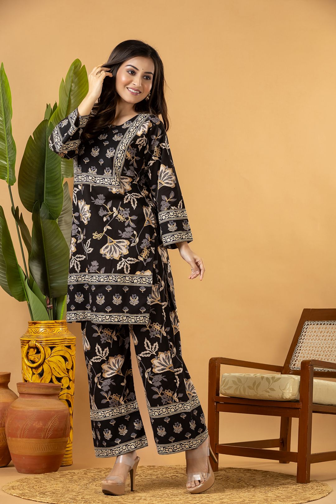 Black Floral Print Co-ord Set
