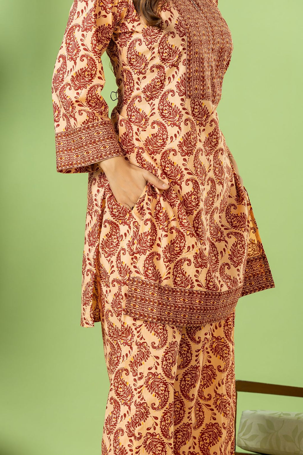 Beige & Red Paisley Print Co-ord Set