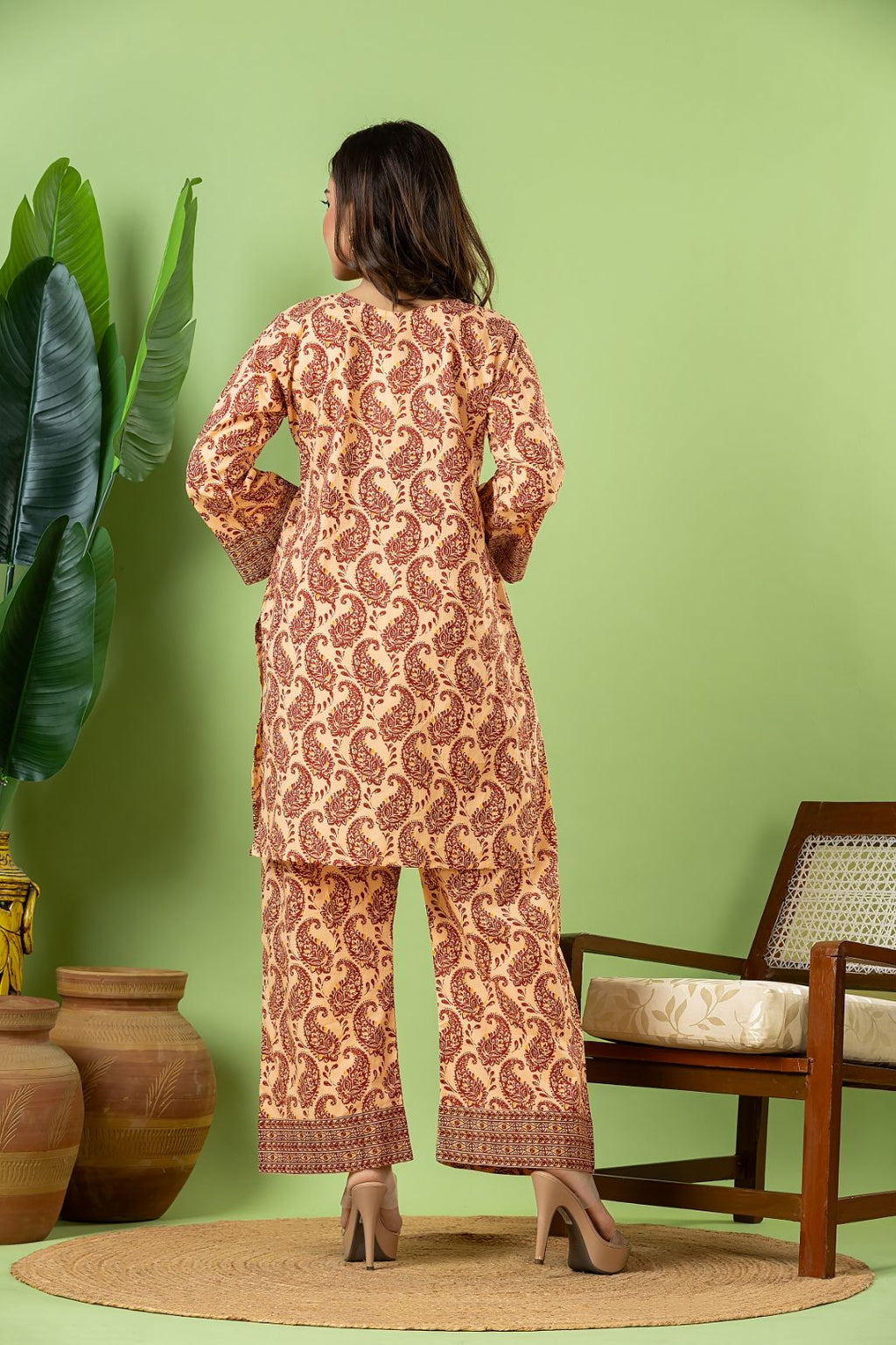 Beige & Red Paisley Print Co-ord Set