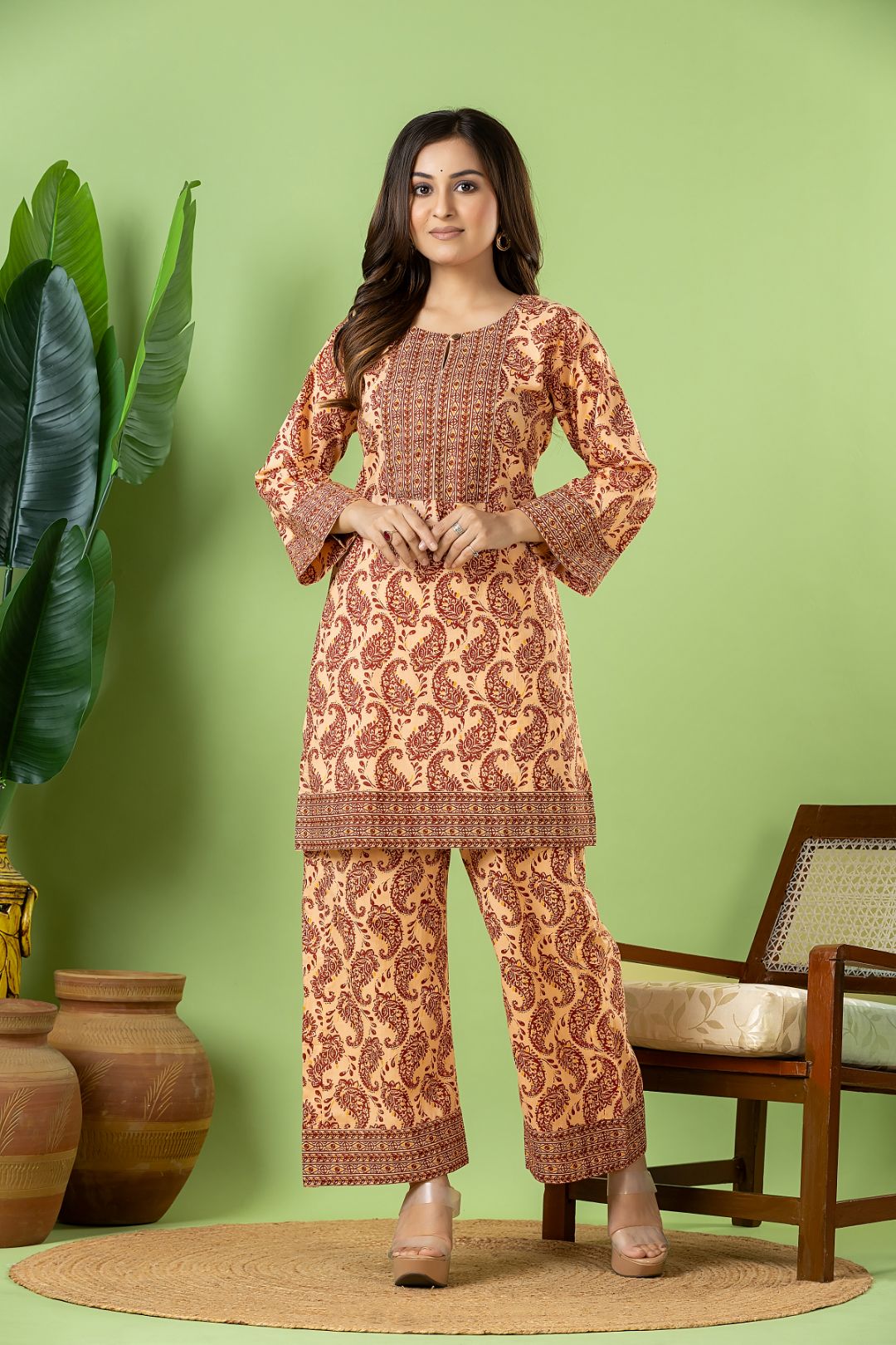 Beige & Red Paisley Print Co-ord Set