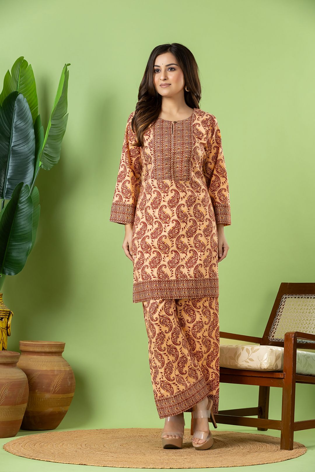 Beige & Red Paisley Print Co-ord Set