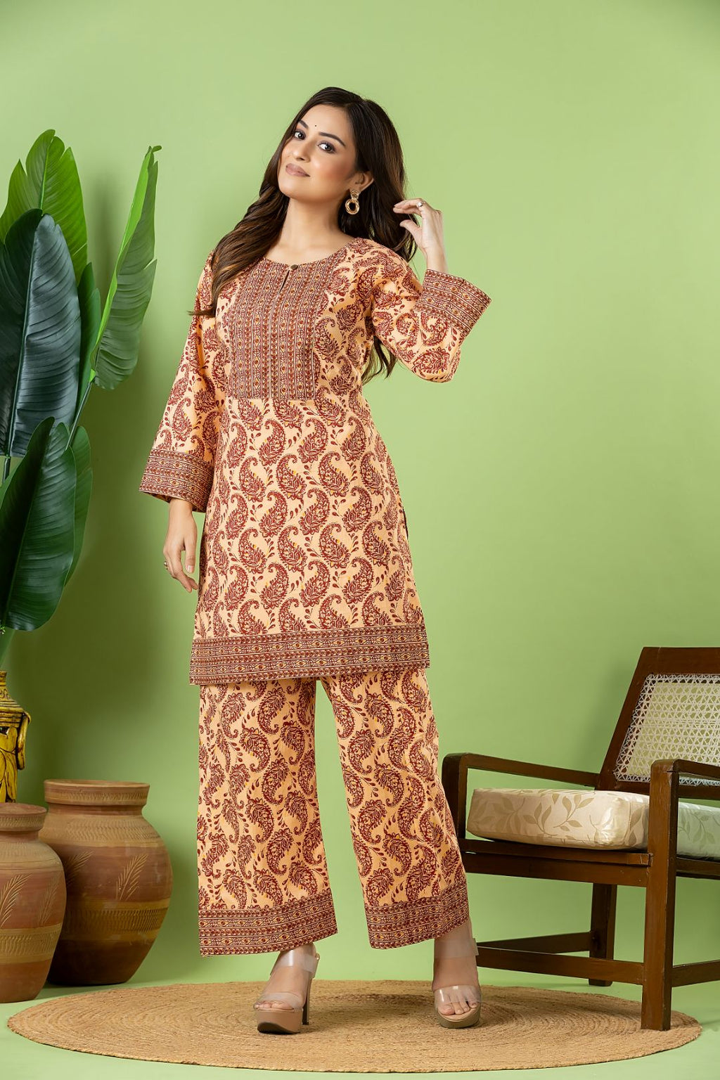 Beige & Red Paisley Print Co-ord Set