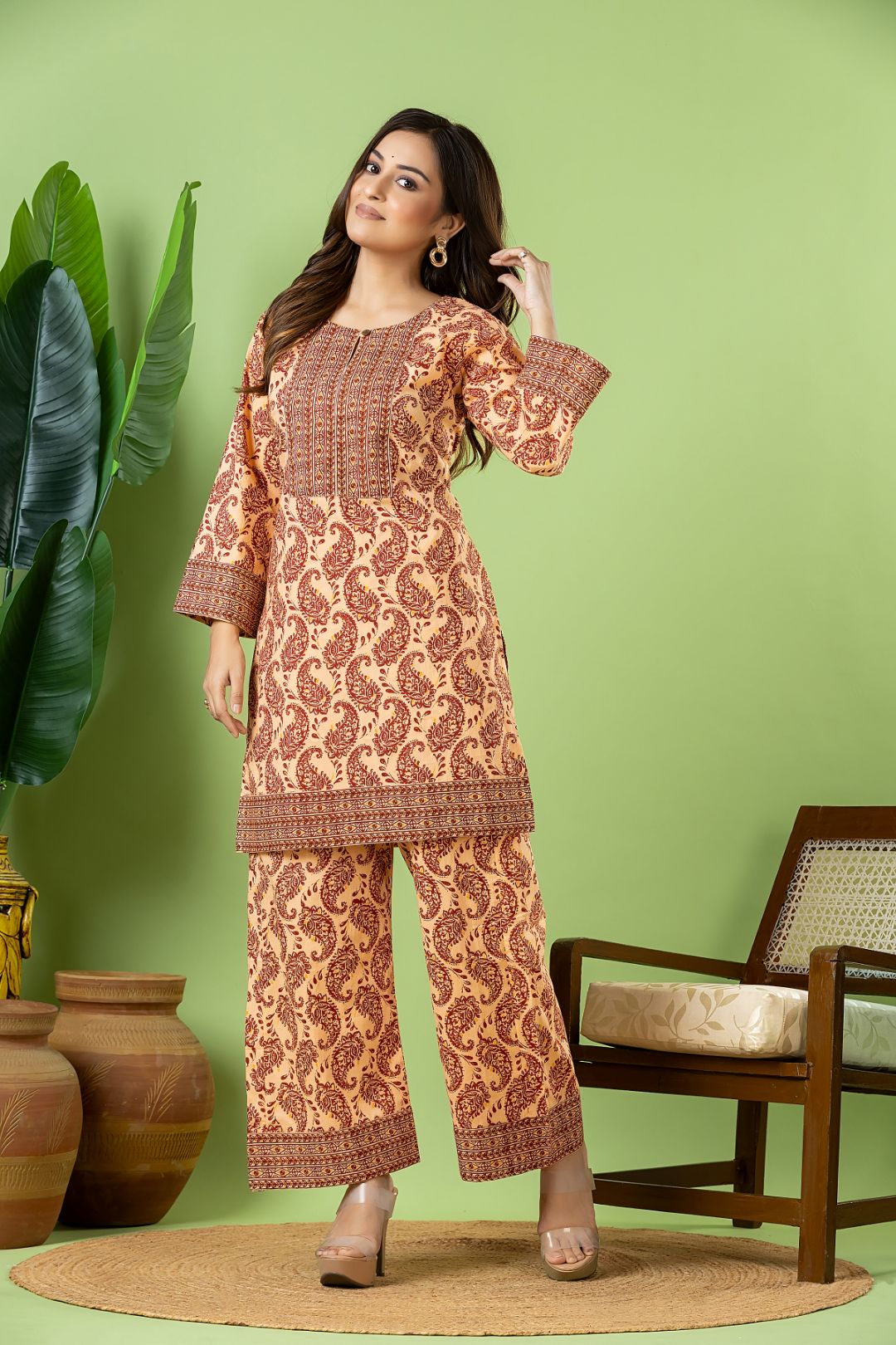 Beige & Red Paisley Print Co-ord Set