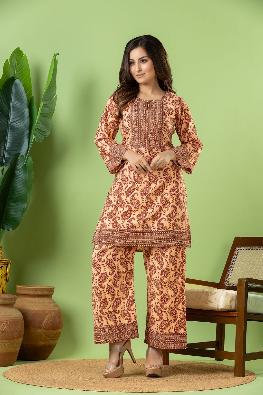 Beige & Red Paisley Print Co-ord Set