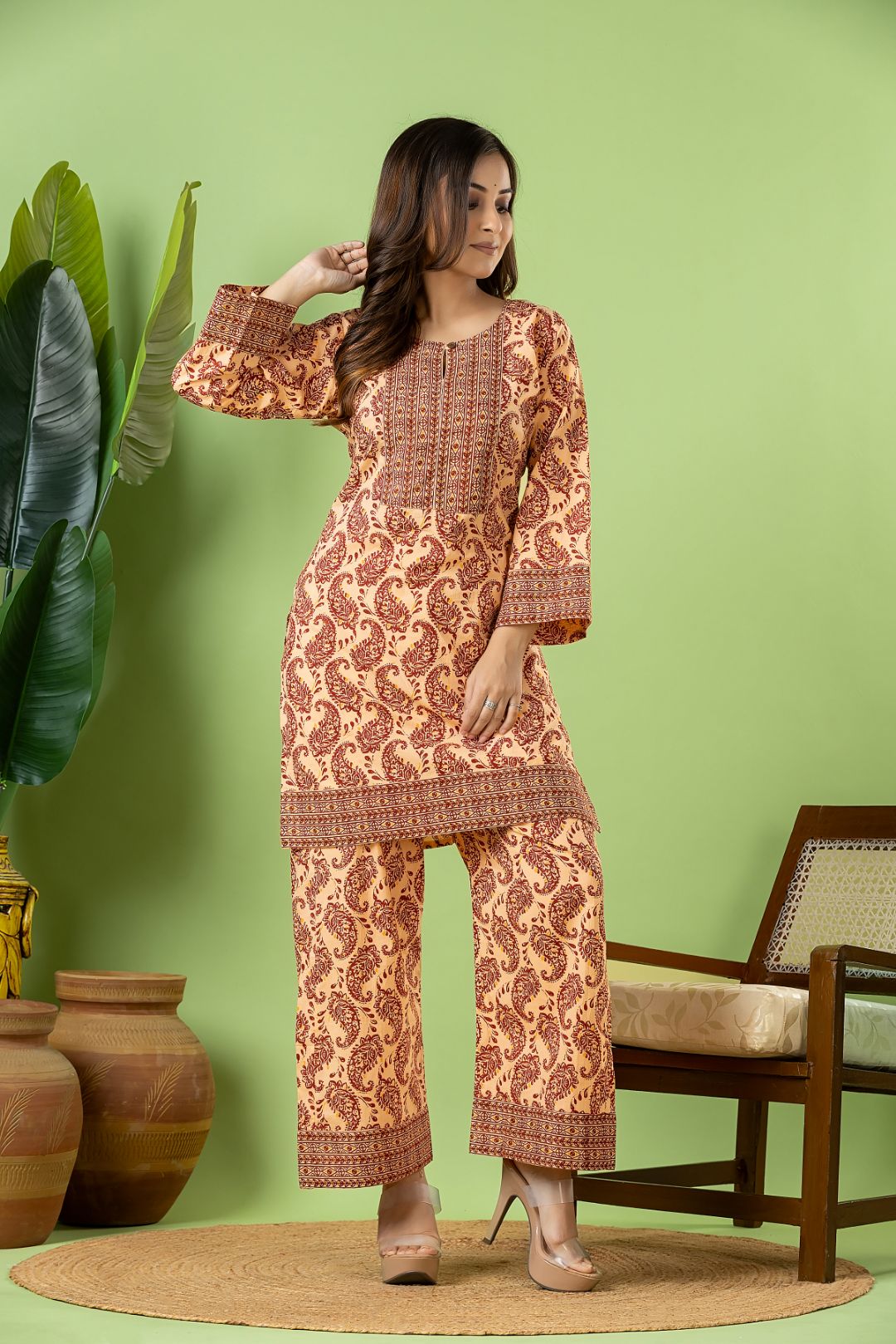 Beige & Red Paisley Print Co-ord Set