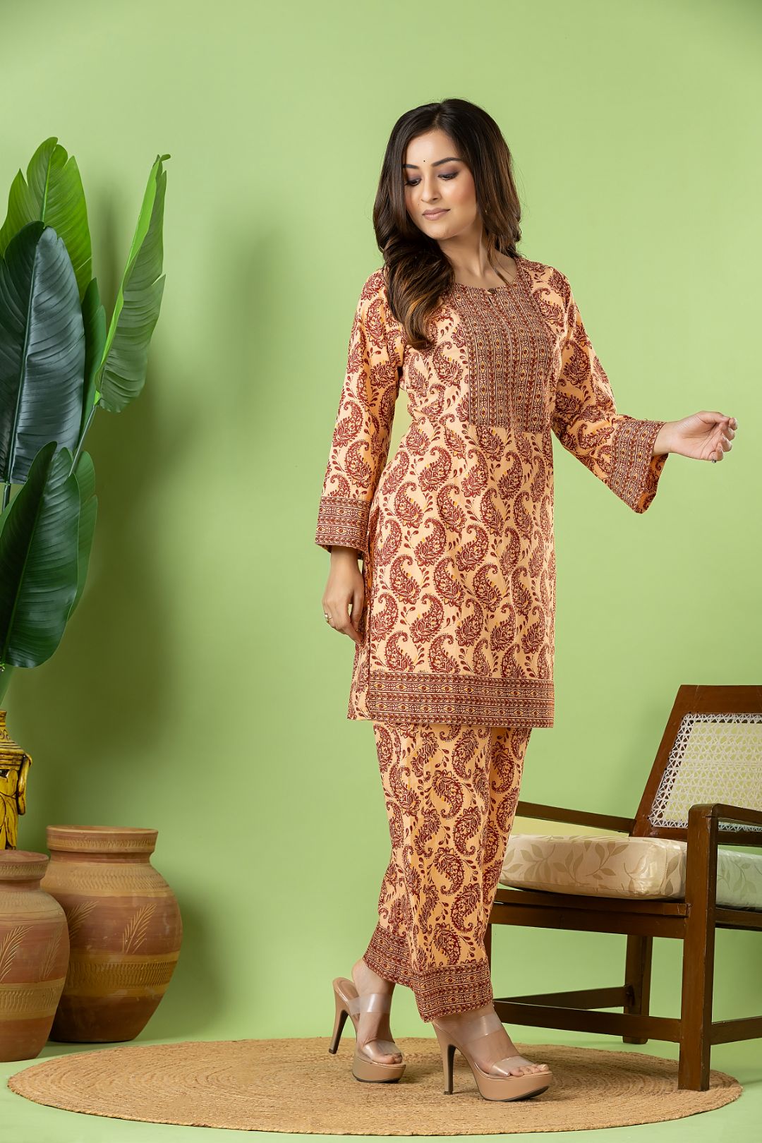 Beige & Red Paisley Print Co-ord Set