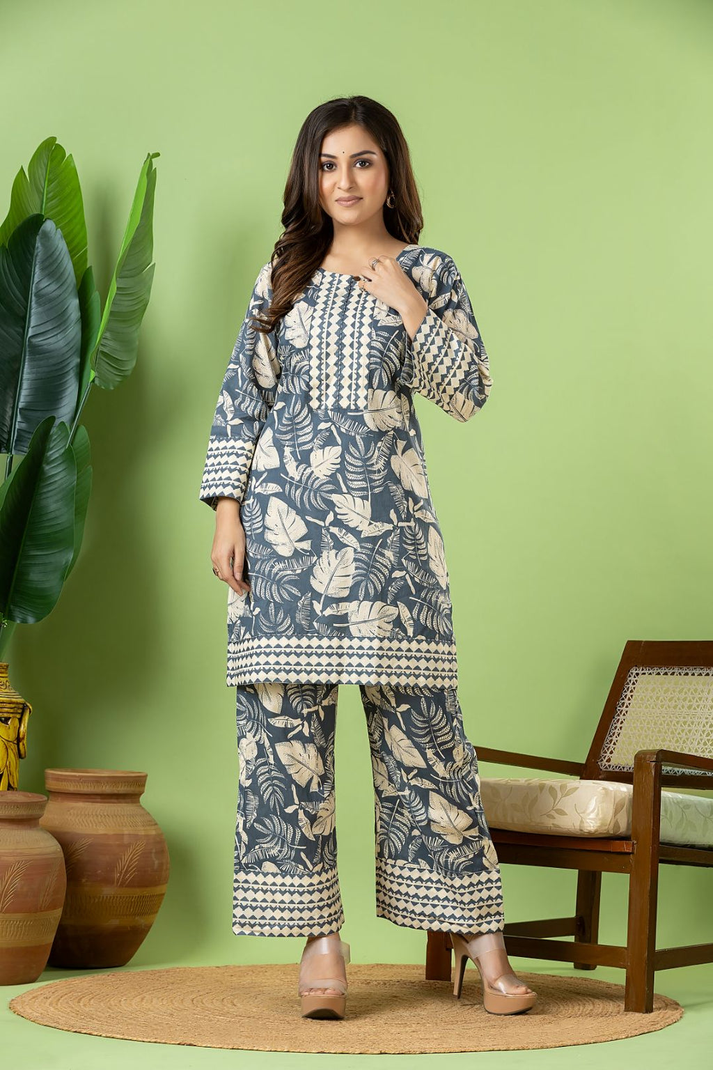 Slate Grey Leaf Print Co-ord Set