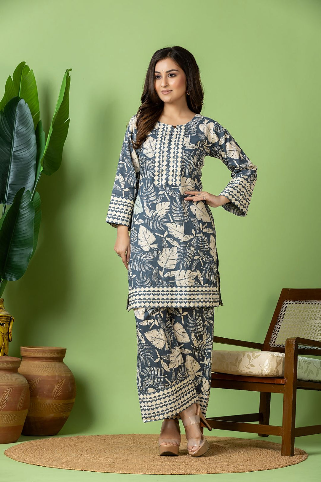 Slate Grey Leaf Print Co-ord Set