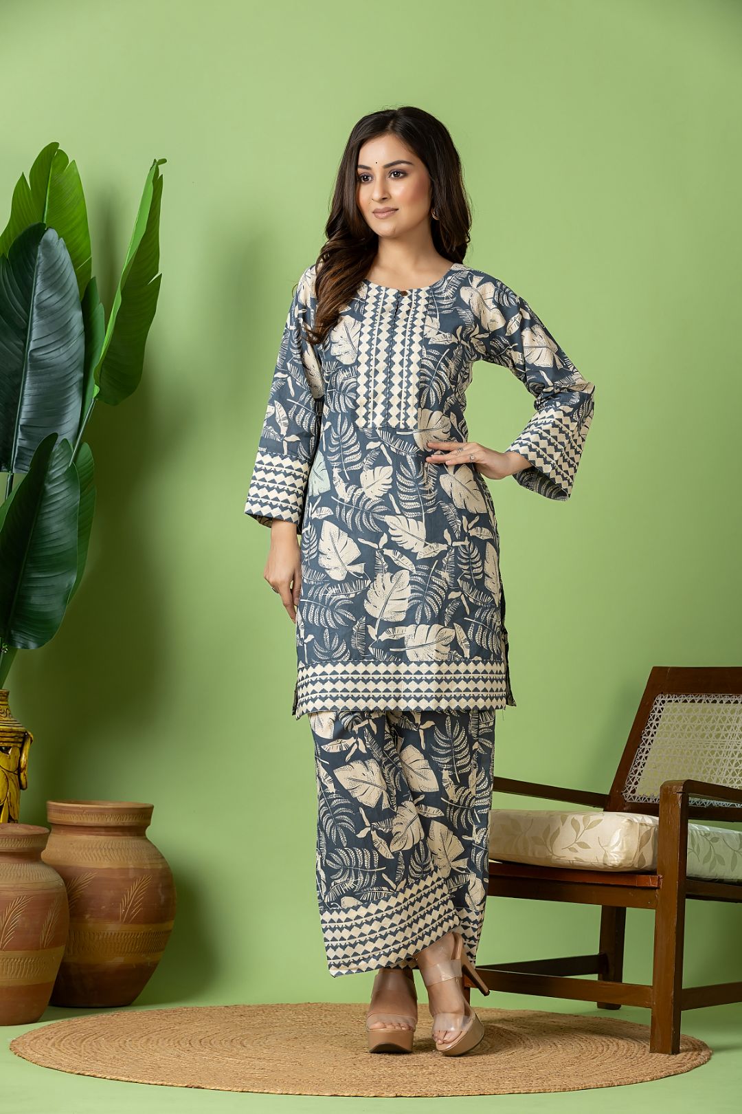 Slate Grey Leaf Print Co-ord Set