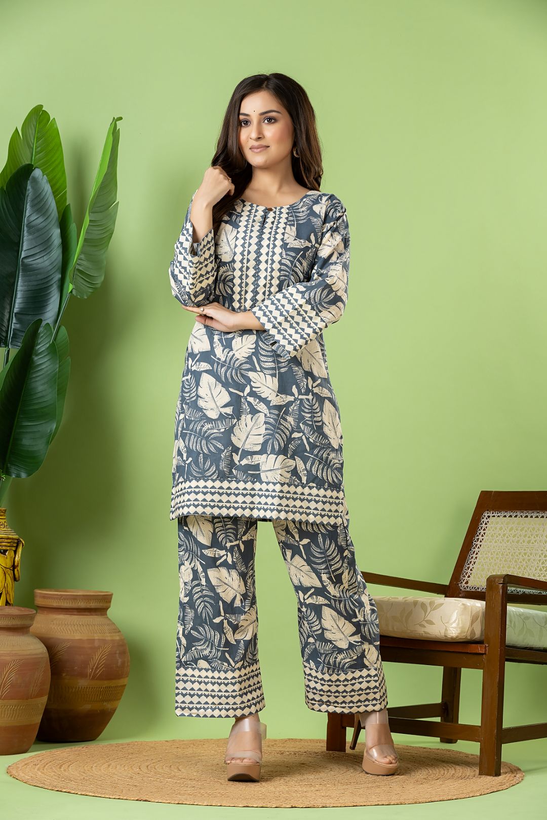Slate Grey Leaf Print Co-ord Set