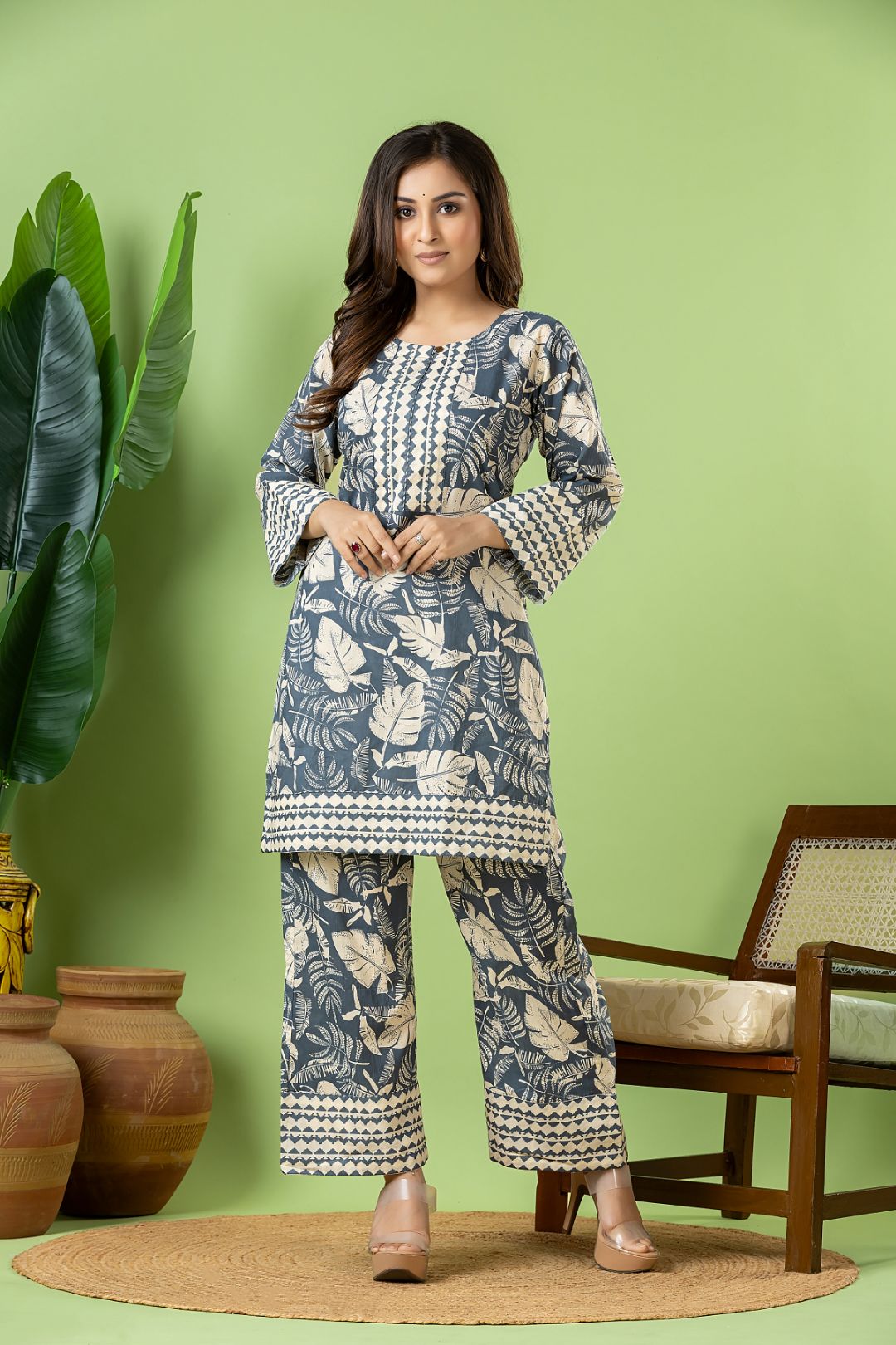 Slate Grey Leaf Print Co-ord Set
