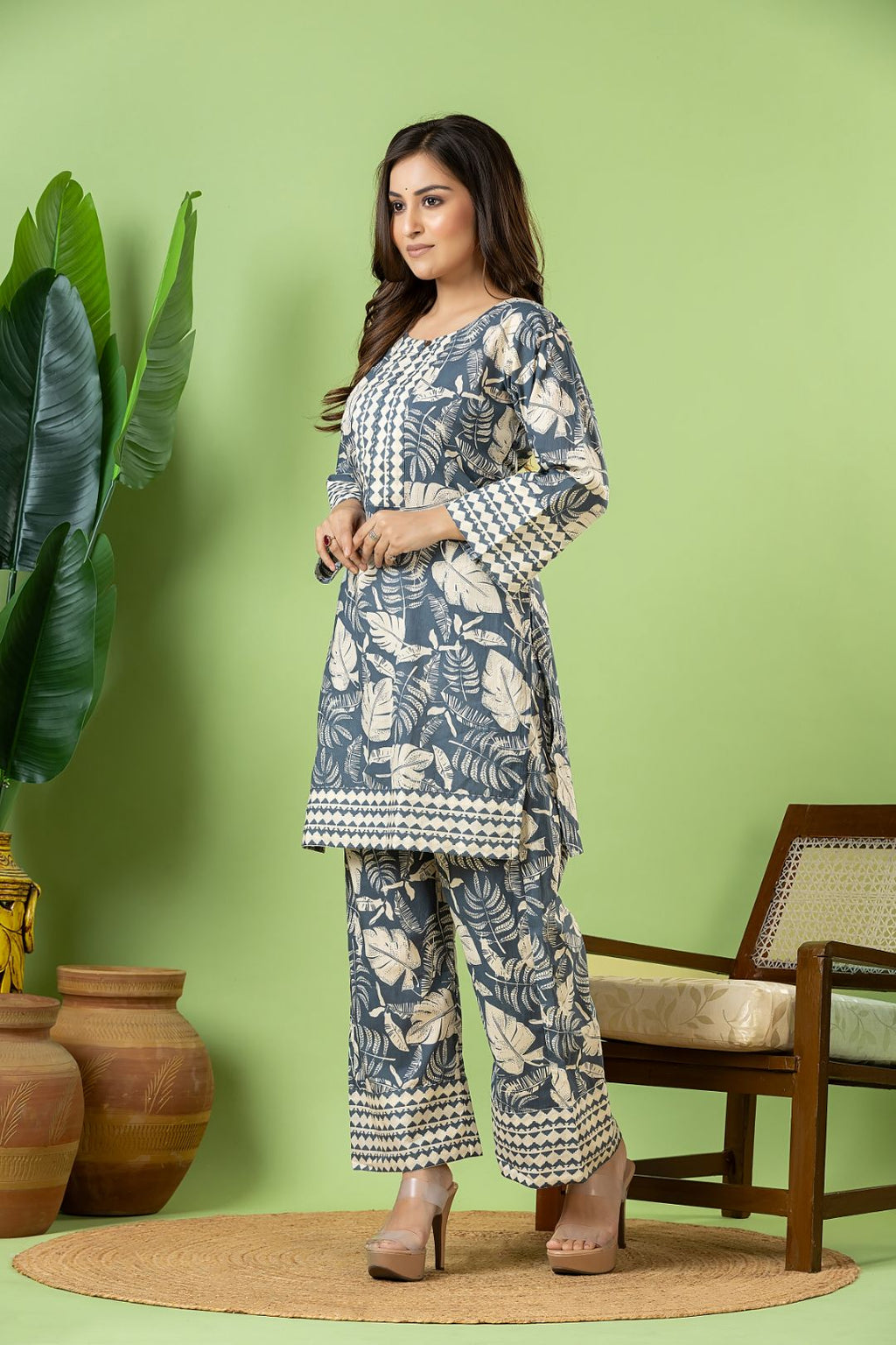 Slate Grey Leaf Print Co-ord Set