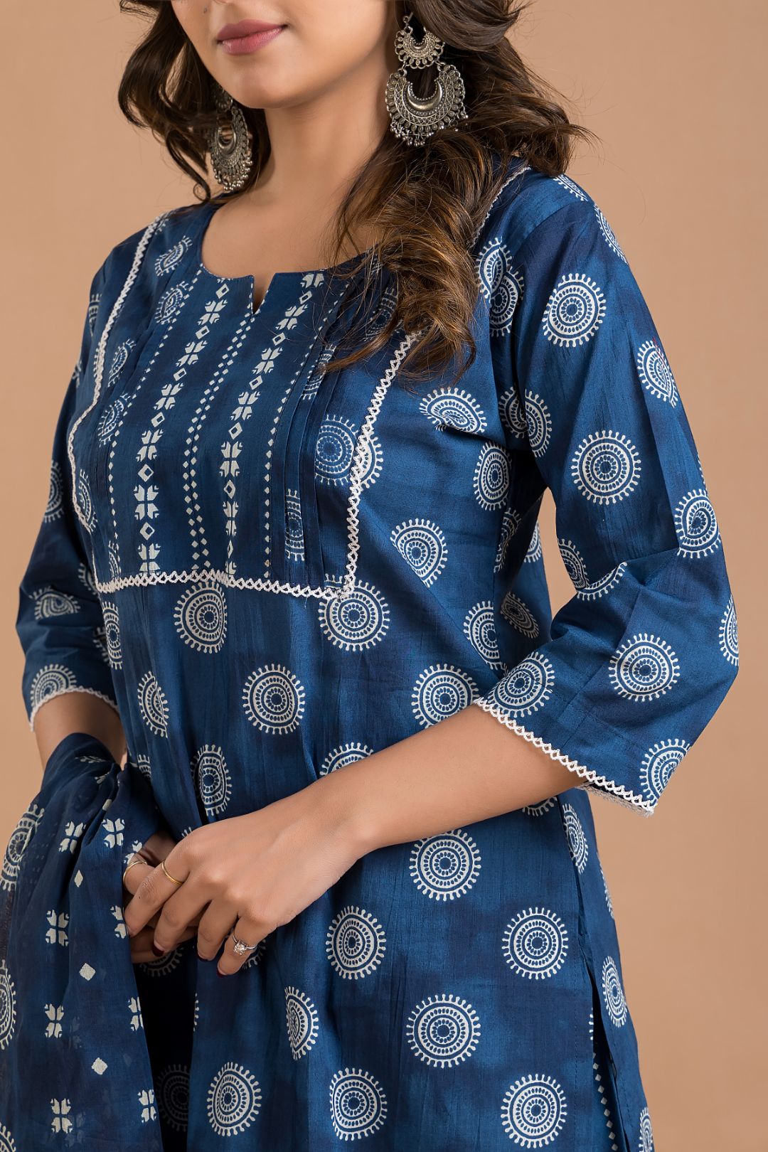 French Blue Geometric Kurta With Pant & Dupatta