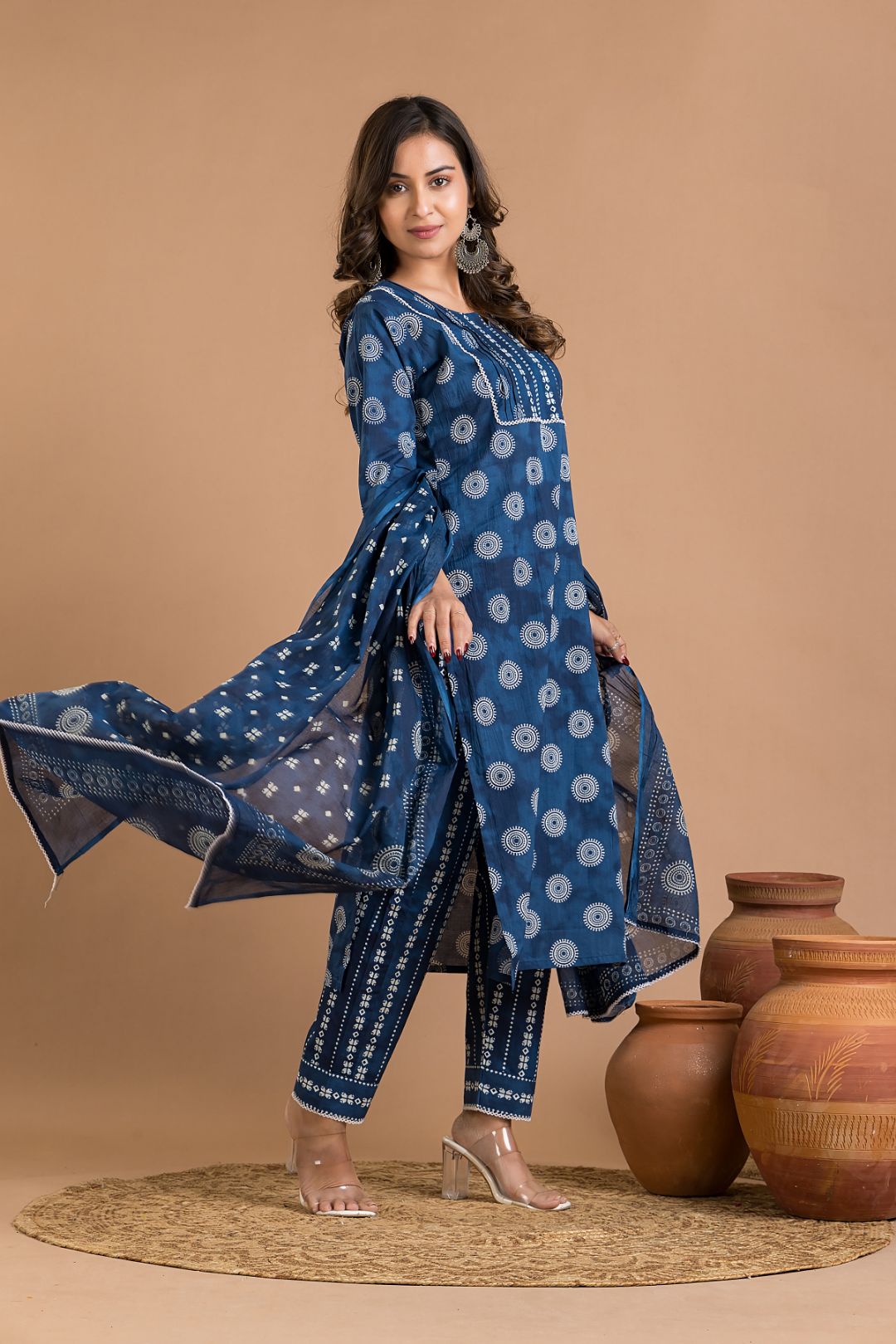 French Blue Geometric Kurta With Pant & Dupatta