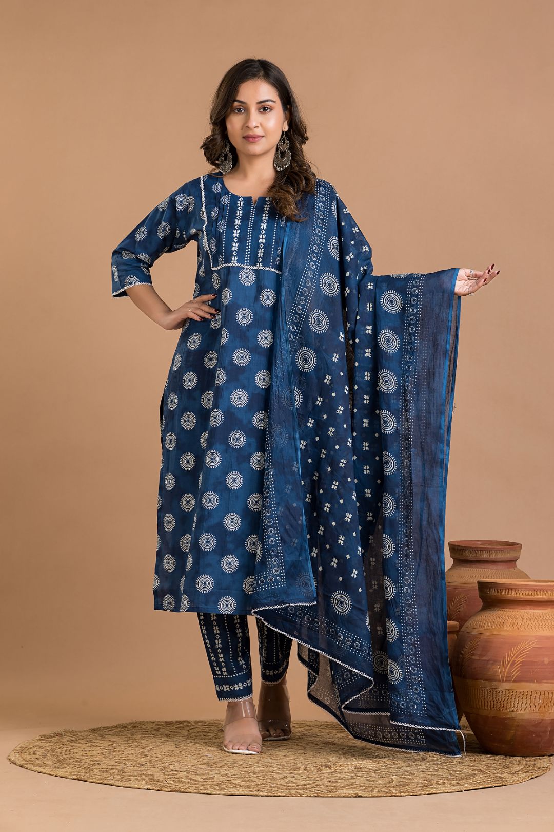 French Blue Geometric Kurta With Pant & Dupatta