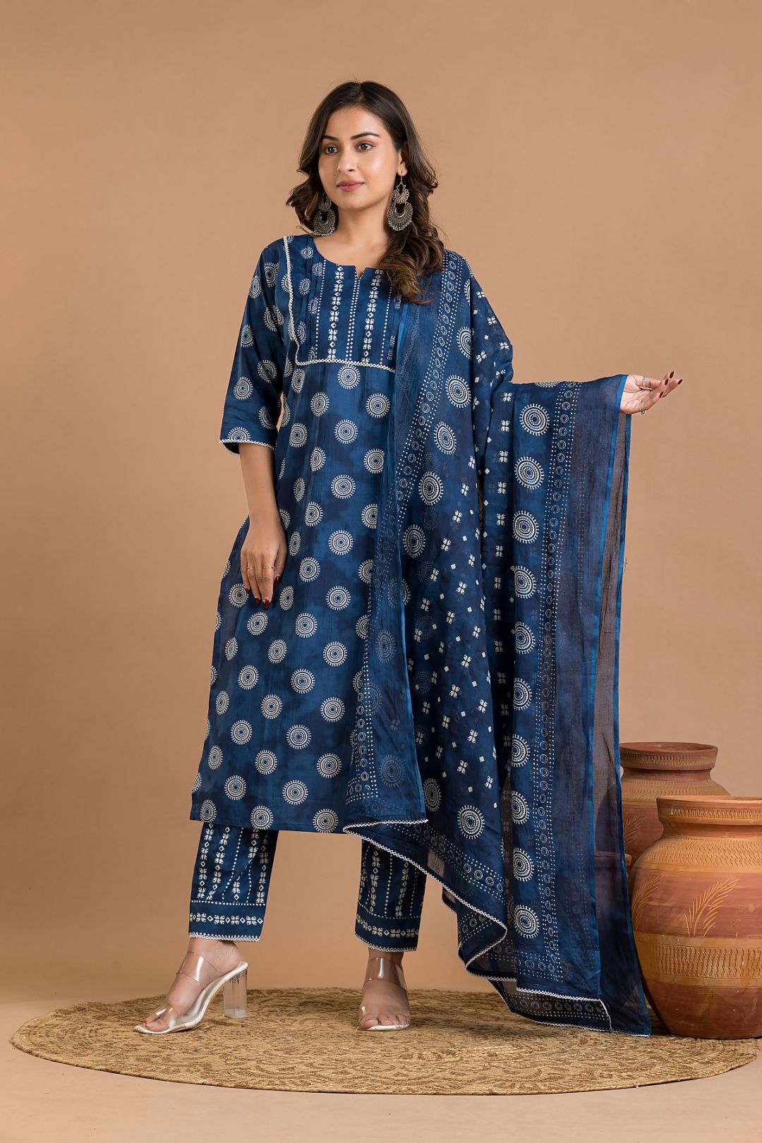 French Blue Geometric Kurta With Pant & Dupatta