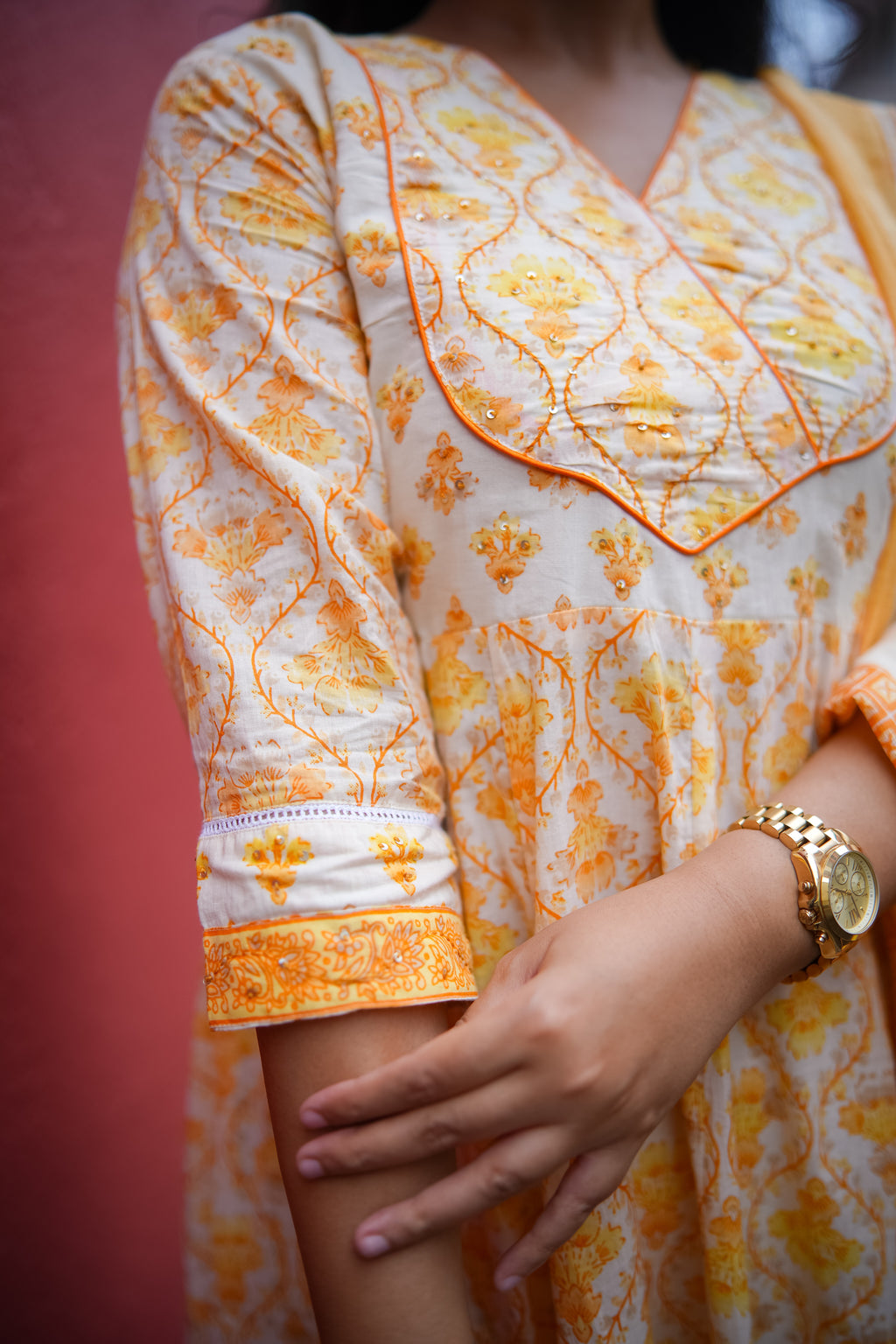 Yellow Floral Embroidered Anarkali Kurta with Pant & Dupatta