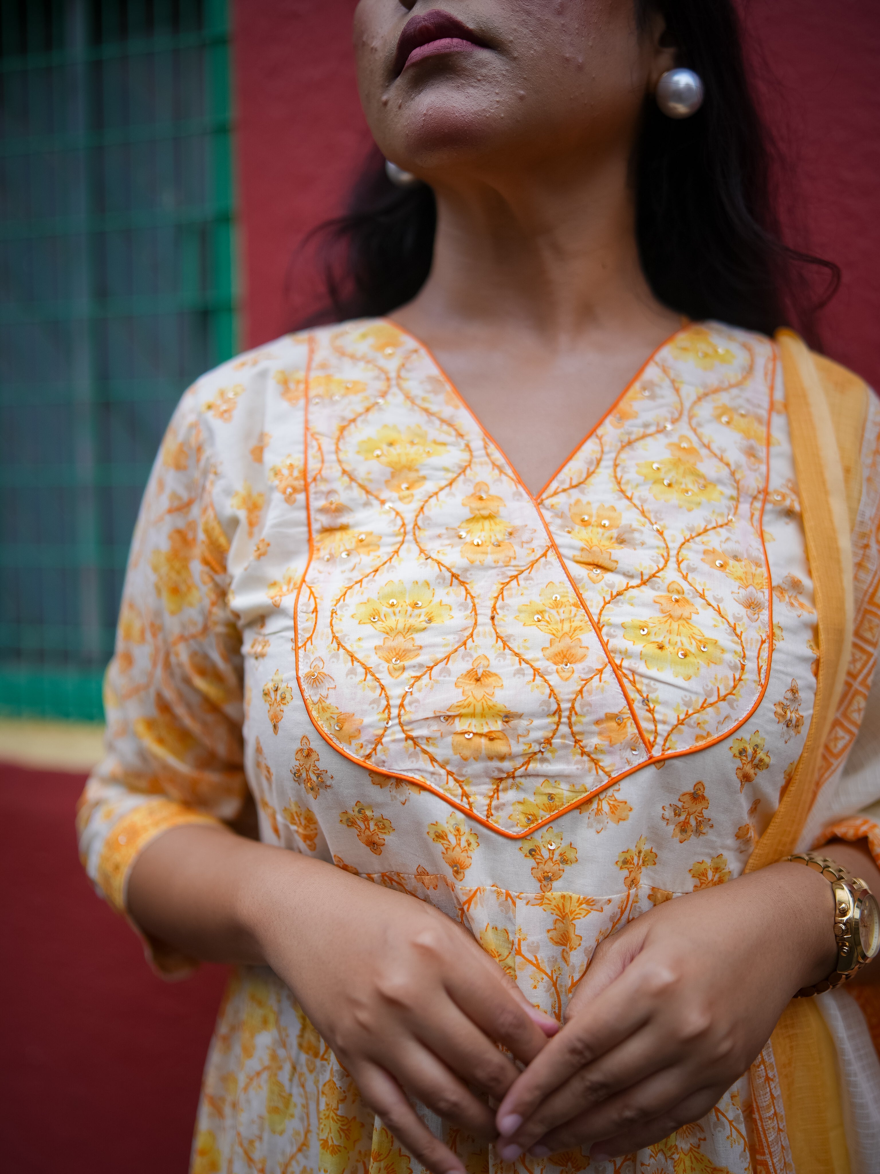 Yellow Floral Embroidered Anarkali Kurta with Pant & Dupatta