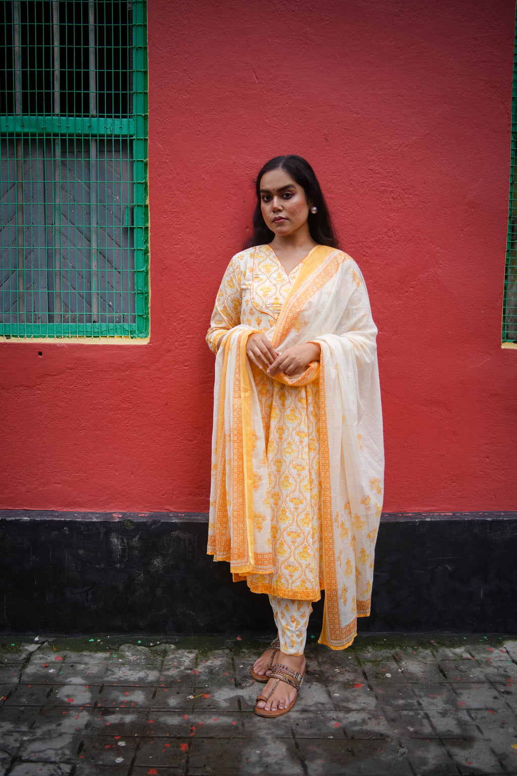 Yellow Floral Embroidered Anarkali Kurta with Pant & Dupatta