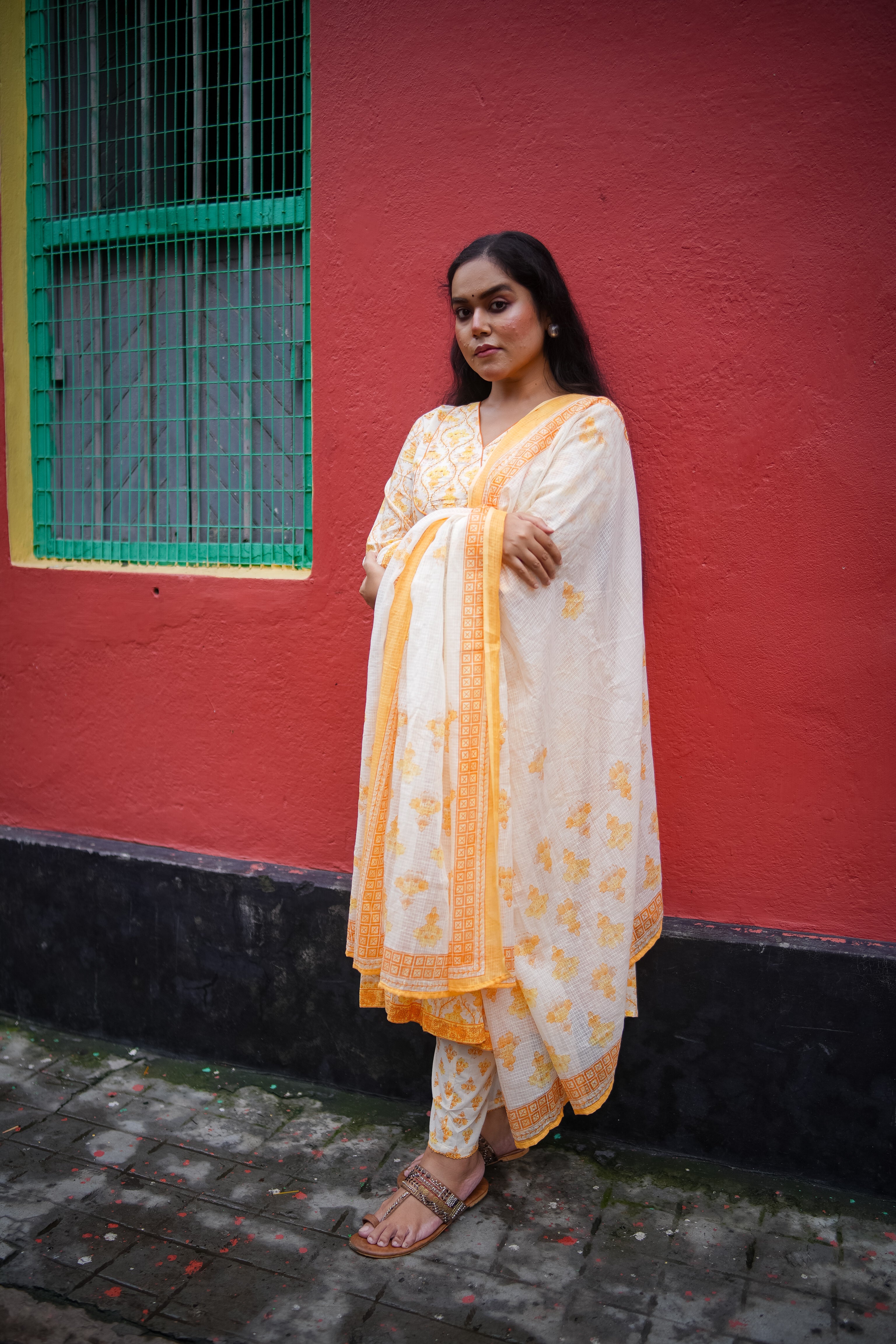 Yellow Floral Embroidered Anarkali Kurta with Pant & Dupatta