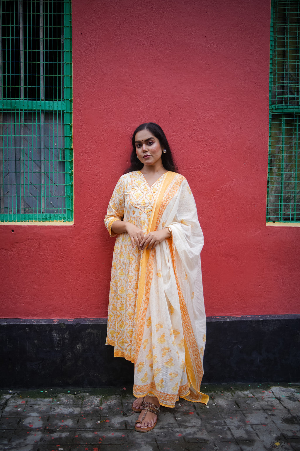 Yellow Floral Embroidered Anarkali Kurta with Pant & Dupatta