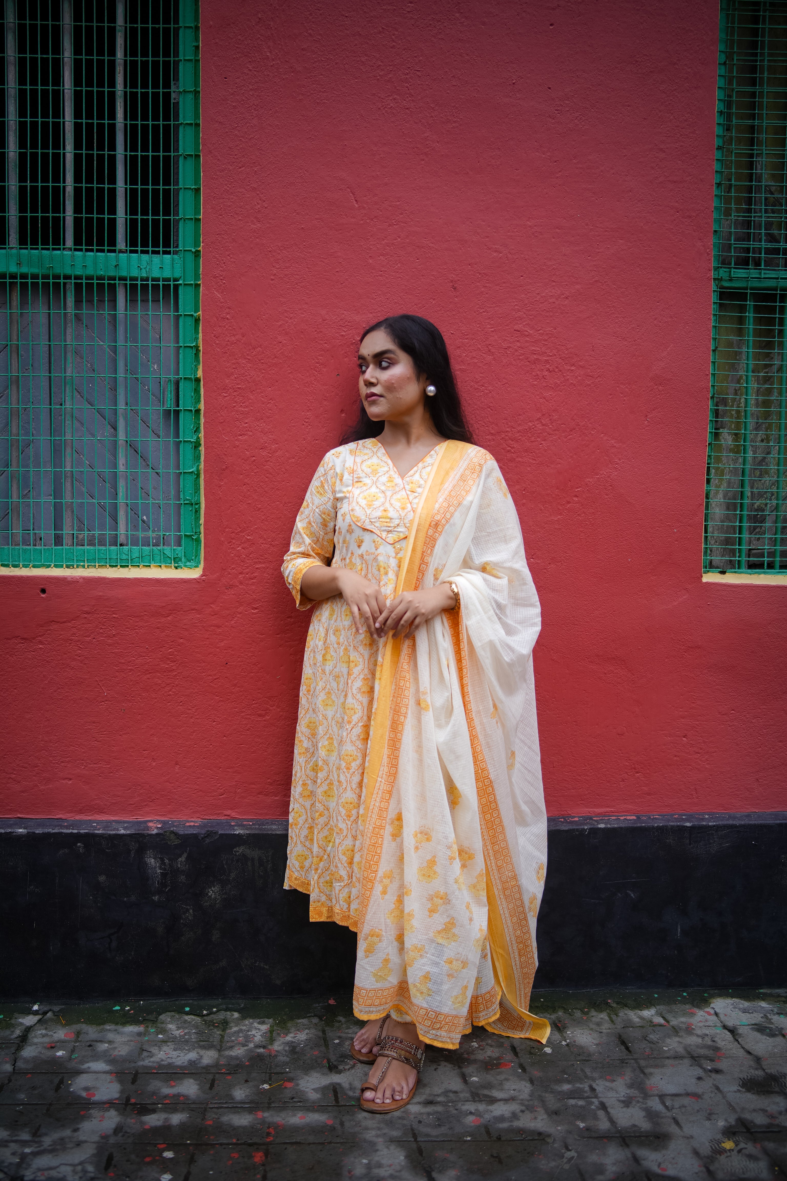 Yellow Floral Embroidered Anarkali Kurta with Pant & Dupatta
