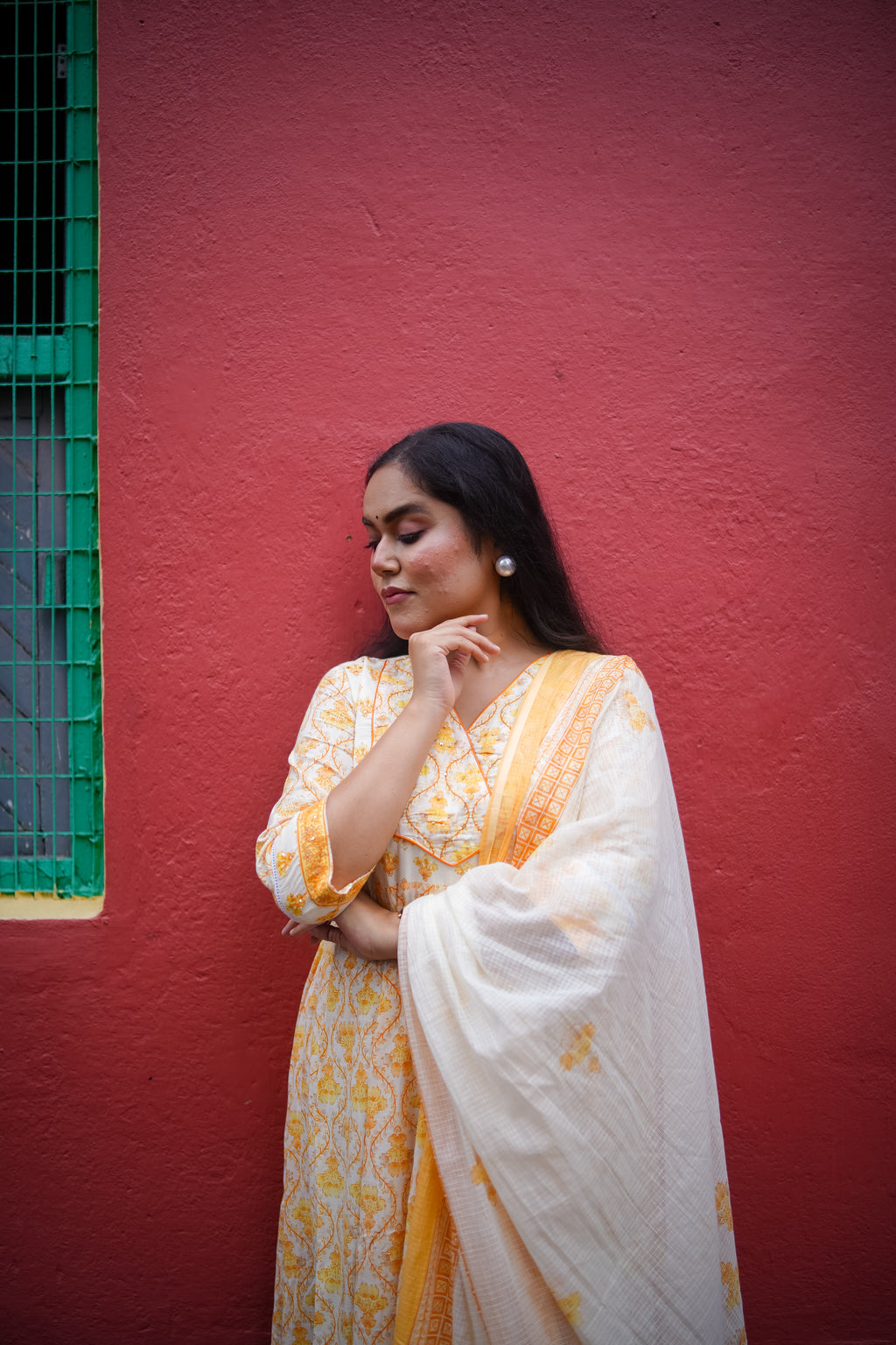 Yellow Floral Embroidered Anarkali Kurta with Pant & Dupatta