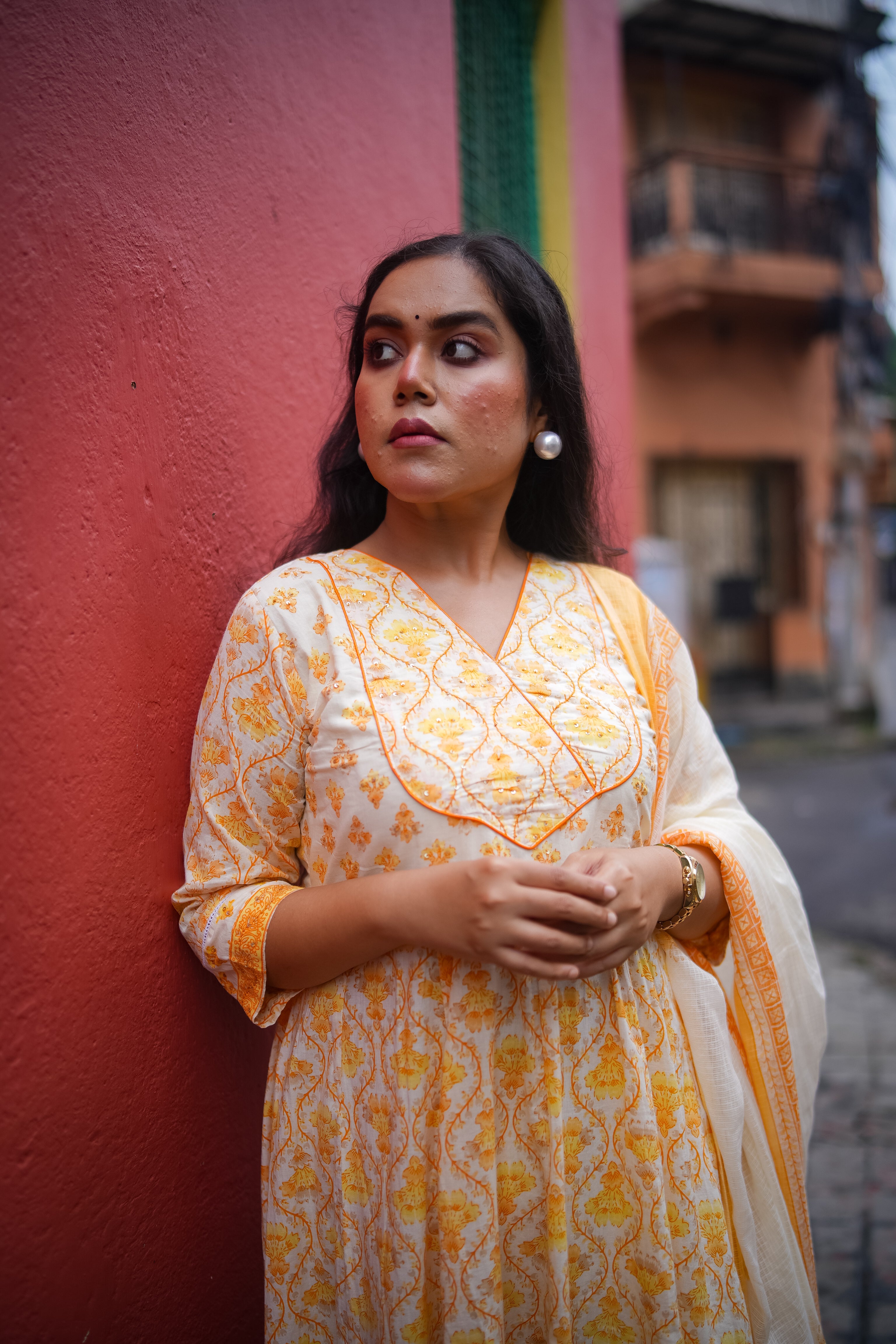 Yellow Floral Embroidered Anarkali Kurta with Pant & Dupatta